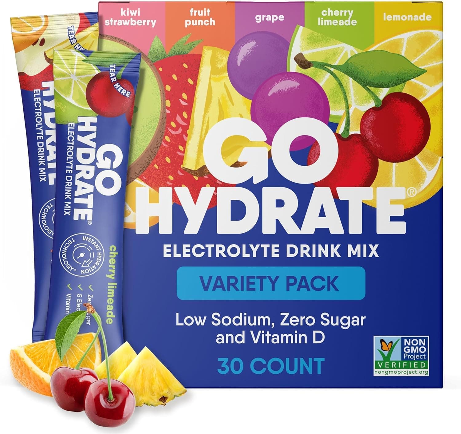 Low Sodium Electrolytes Powder Packets Sugar Free - Instant Hydration Daily Drink Mix - Zero Sugar Water Flavor Packet Singles with Vitamin D - (Variety Pack, 30 Packs)