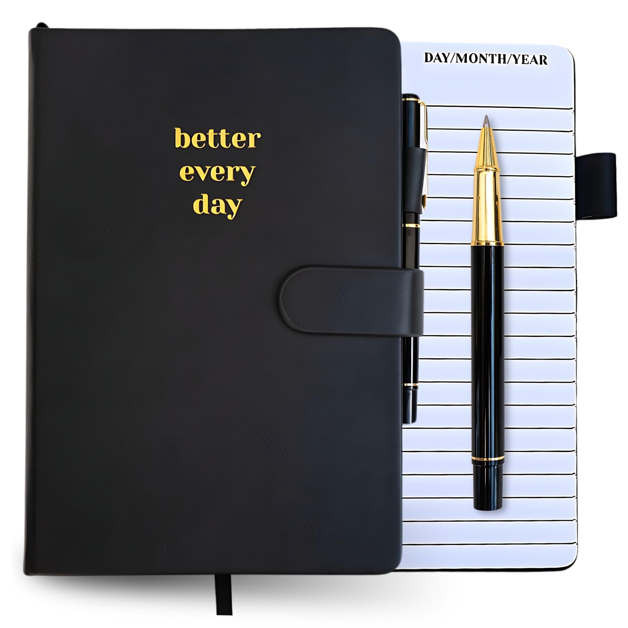 Black A5 Hardcover Notebook, 144 Pages, Lined Leather Journal with Pen, Better Everyday Journal & Daily Planner for Tasks, Checklists, Writing, Productivity, Goal Setting