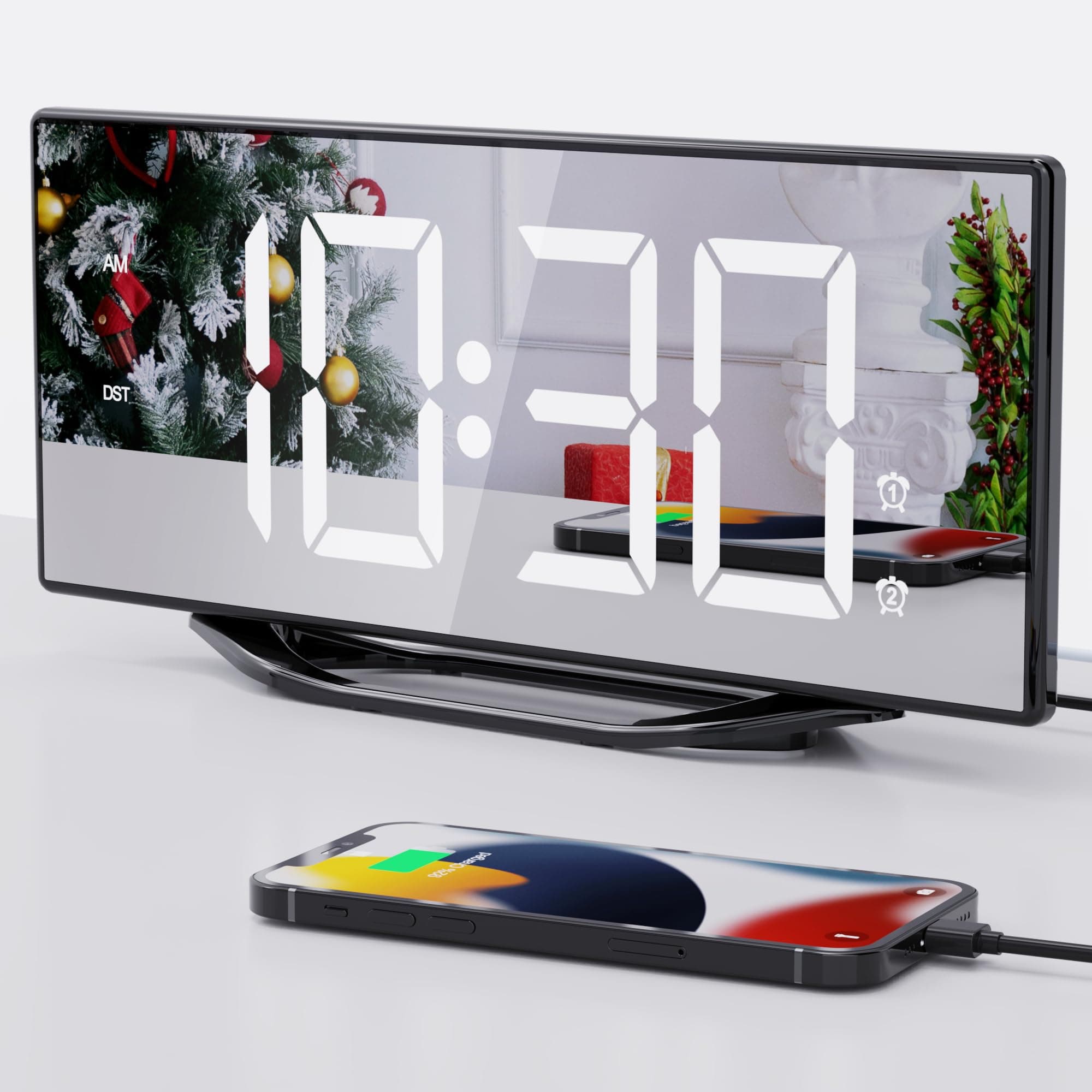8.7” Mirror Digital Alarm Clock for Bedroom, LED Digital Clock Large Display with Battery Backup, 2 USB Charger Ports, Dual Alarms, 8 Dimmer & 7 Volume, Aesthetic Slim Clock for Desk Modern Decoration