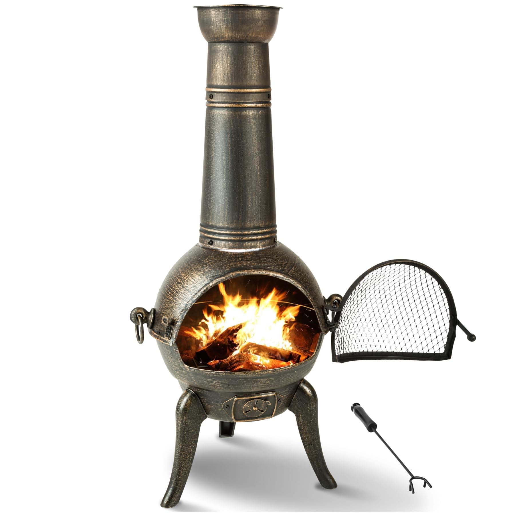 tectake® Chiminea Fire Pit in Rustic Design, Log Burner with Sheet Steel Chimney & Cast Iron Base, Lockable Spark Screen, Removable Grill & Matching Poker - 44 x 52 x 115 cm Patio Heater for Garden