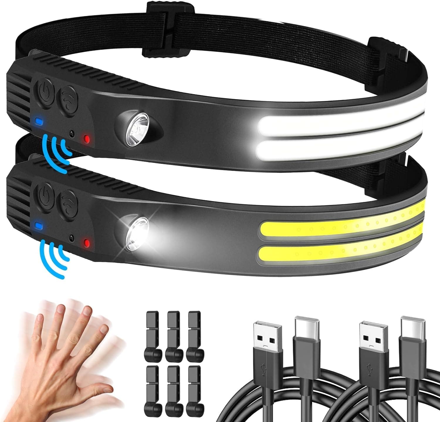 [2 Pack] Head Torch Rechargeable, Super Bright Headtorch with Motion Sensor, 230°Wide Angle Headlight, 5 Lighting Modes, Waterproof Headband LED Headlamp Flashlight for Hiking, Running, Camping (2)