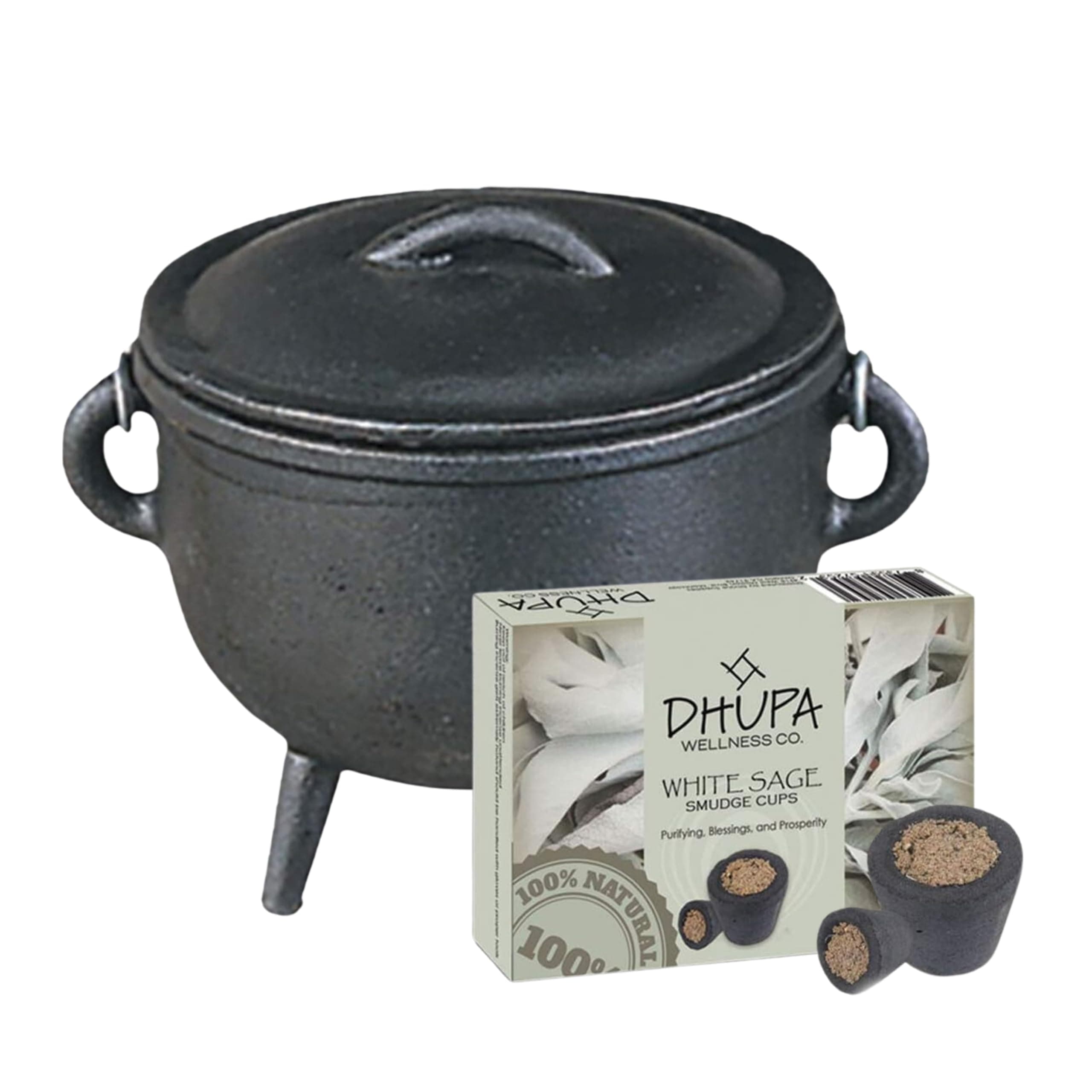 Cast Iron Cauldron with Lid and Carry Handle for Spells, Smudging, Ritual & Blessings | Includes 6 Free Incense Smudge Cups (4.5 Inch, Black)