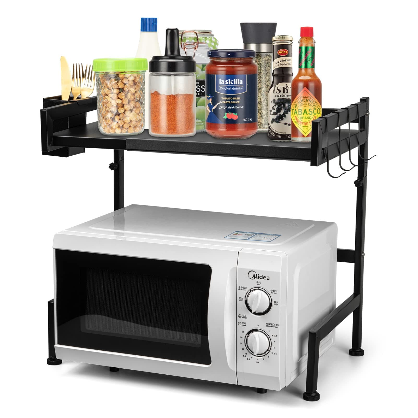 Extendable Microwave Oven Rack, Adjustable Microwave/Toaster Shelf with Utensil Holder, Kitchen Counter Top Organizer(L15.7~23.6" xW15.7 xH18.1), 2-Tier with 4 Hooks, Black