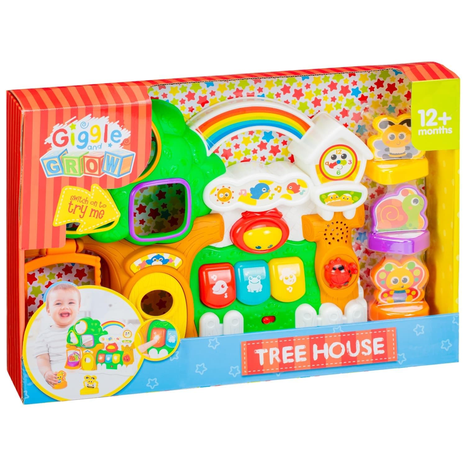 GBS Giggle & Grow Tree House Interactive Sensory Activity Center, Light Up Keys, Peek-a-Boo Roller, Music Mode, 32cm, Learning Toy for Babies