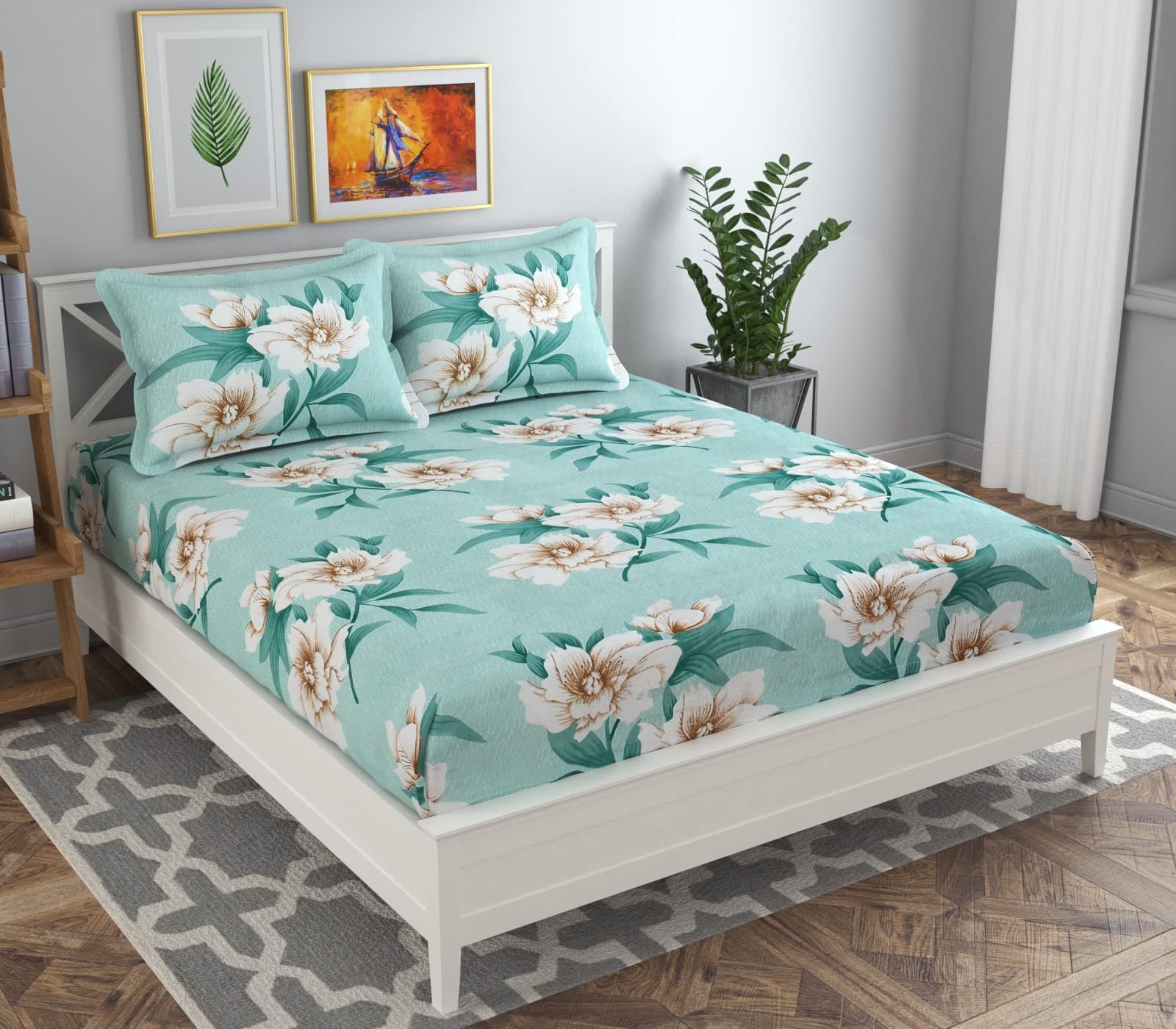 BSB HOME Premium Cotton Flat Double Bedsheets with 2 King Size Pillow Covers |Double Bed Breathable|Wrinklefree | Ultrasoft 180 TC Supersoft |90x90 Inches, 7X7.5 Feet | Aqua, Floral
