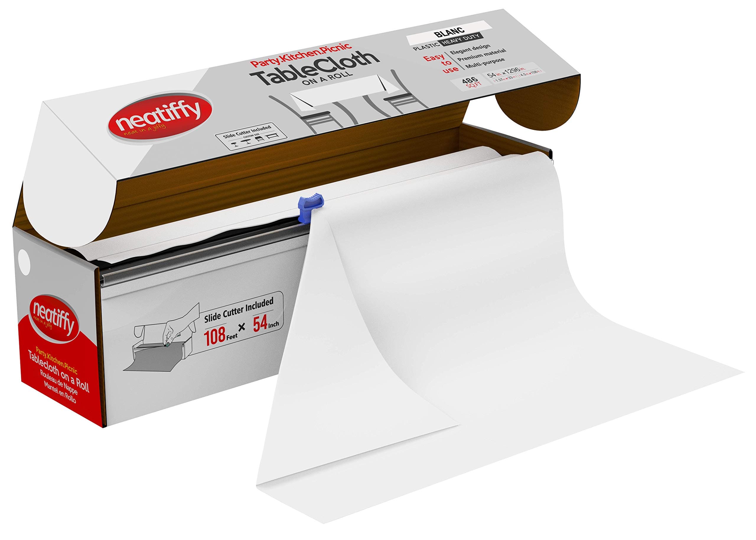 Neatiffy Disposable Plastic Tablecloth Roll | 54" x 108' Waterproof Tablecloth | Table Cover for Rectangle Square Round Oval Table | Picnic, Party, Banquet, Birthday, Wedding - White