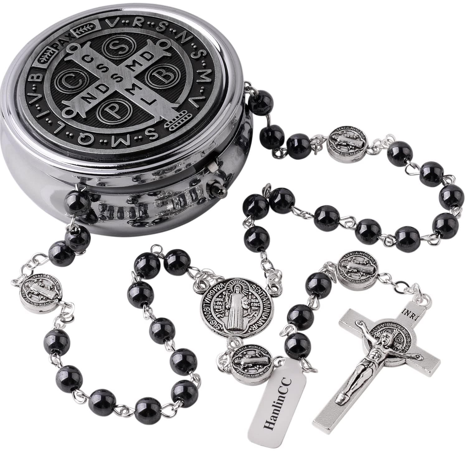 6mm Hematite Stone Black Beads Catholic Saint Benedict Rosary Necklace for Men and Boy with St.Benedict Center Piece and Crucifix with Metal Gift Box
