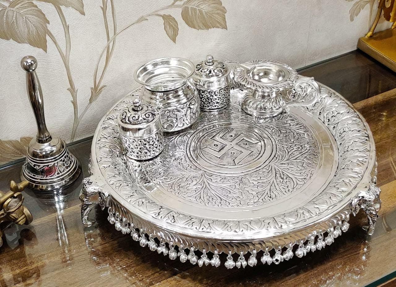 German Silver Heavy Pooja Thali (Diameter 12”) With Full Ghungru Layer And Elephant Legs Stand – Set of 6 Items