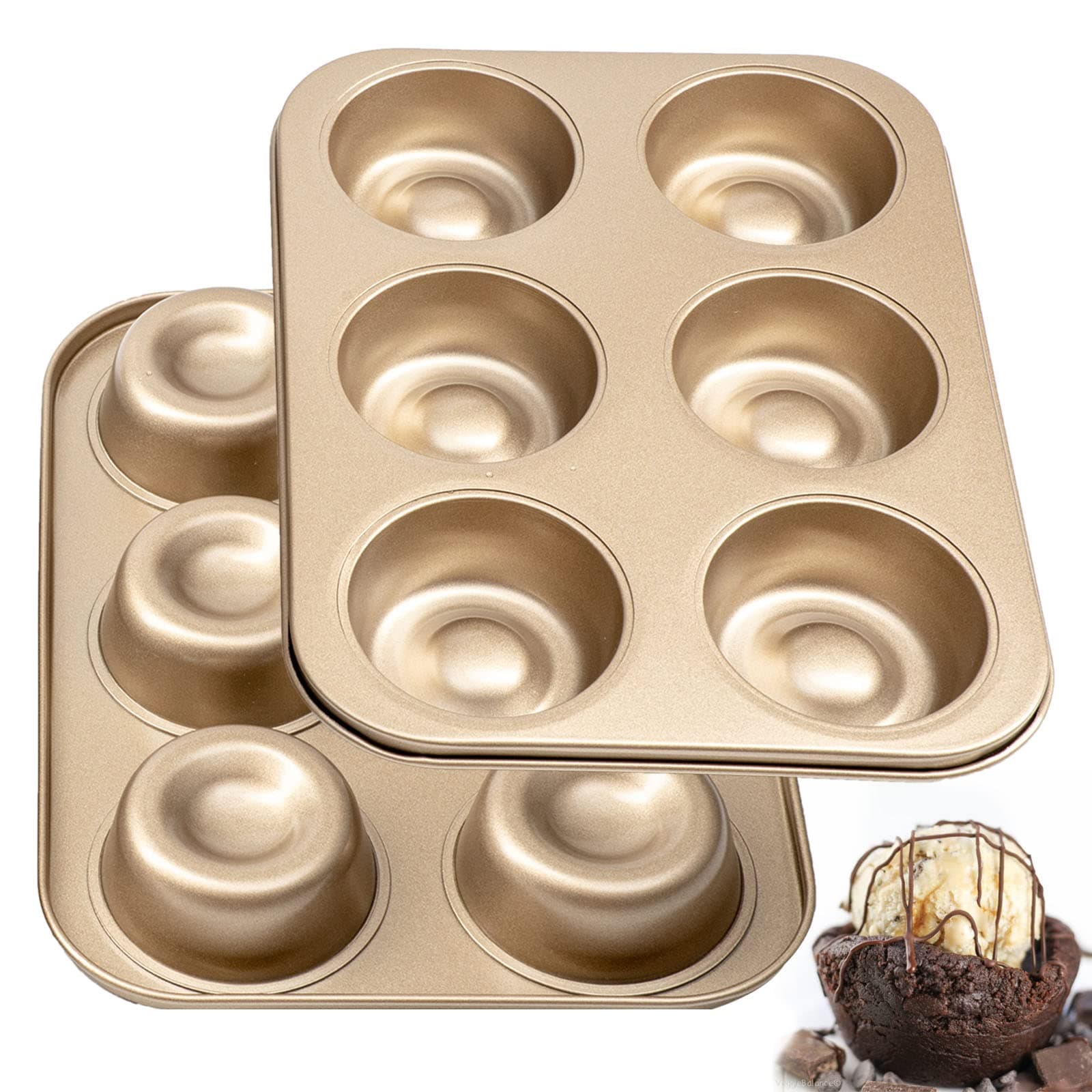 Brownie Bowl Pan 2 Pack, 6 Cavity Mini Round Cake Mold 3 Inch, Shortcake Tea Cookie Shot Mold for Baking - Gold