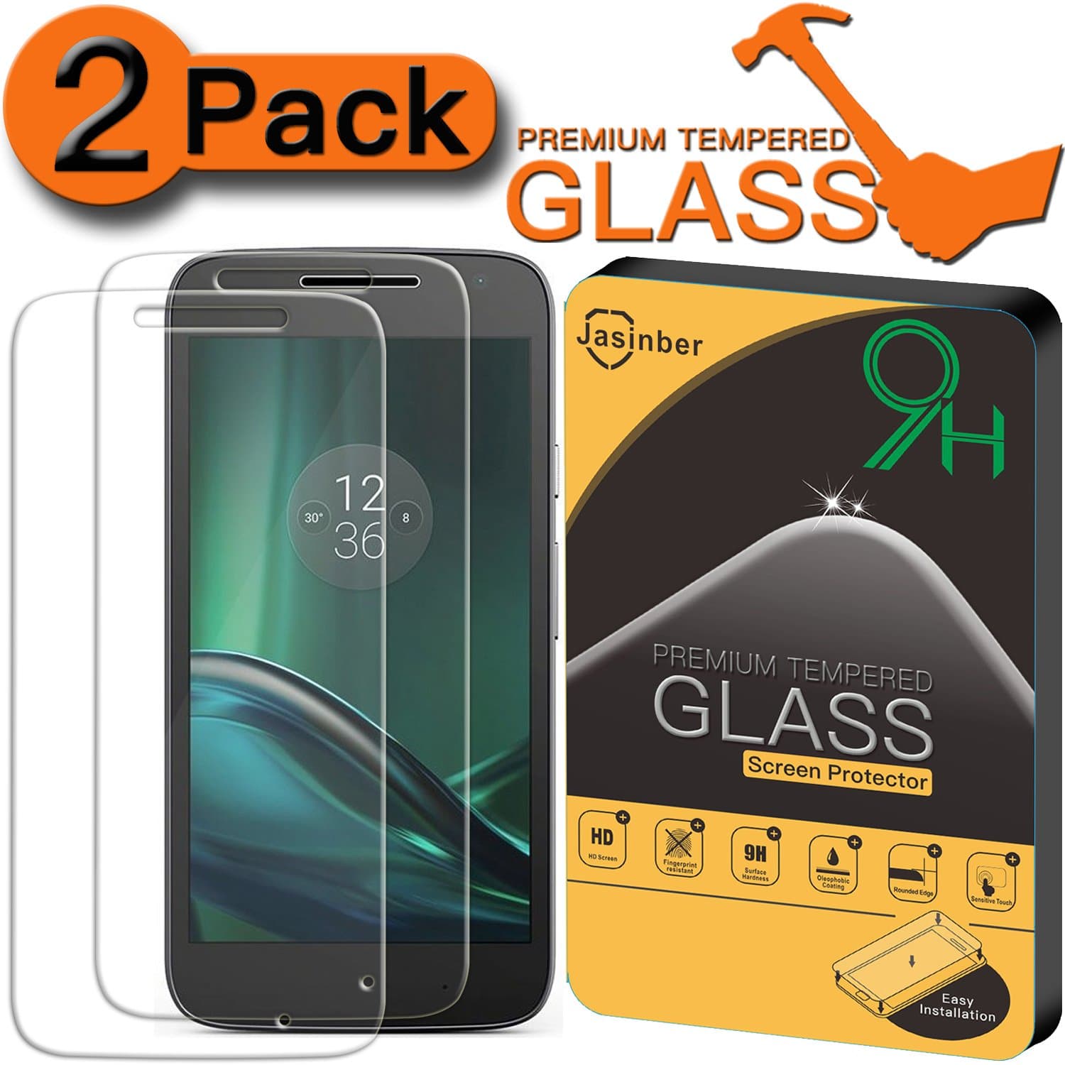 [2-Pack] Moto G4 Play Protector, Jasinber [Tempered Glass] Screen Protector for Moto G4 Play with 9H Hardness/Anti-Scratch/Easy-Install