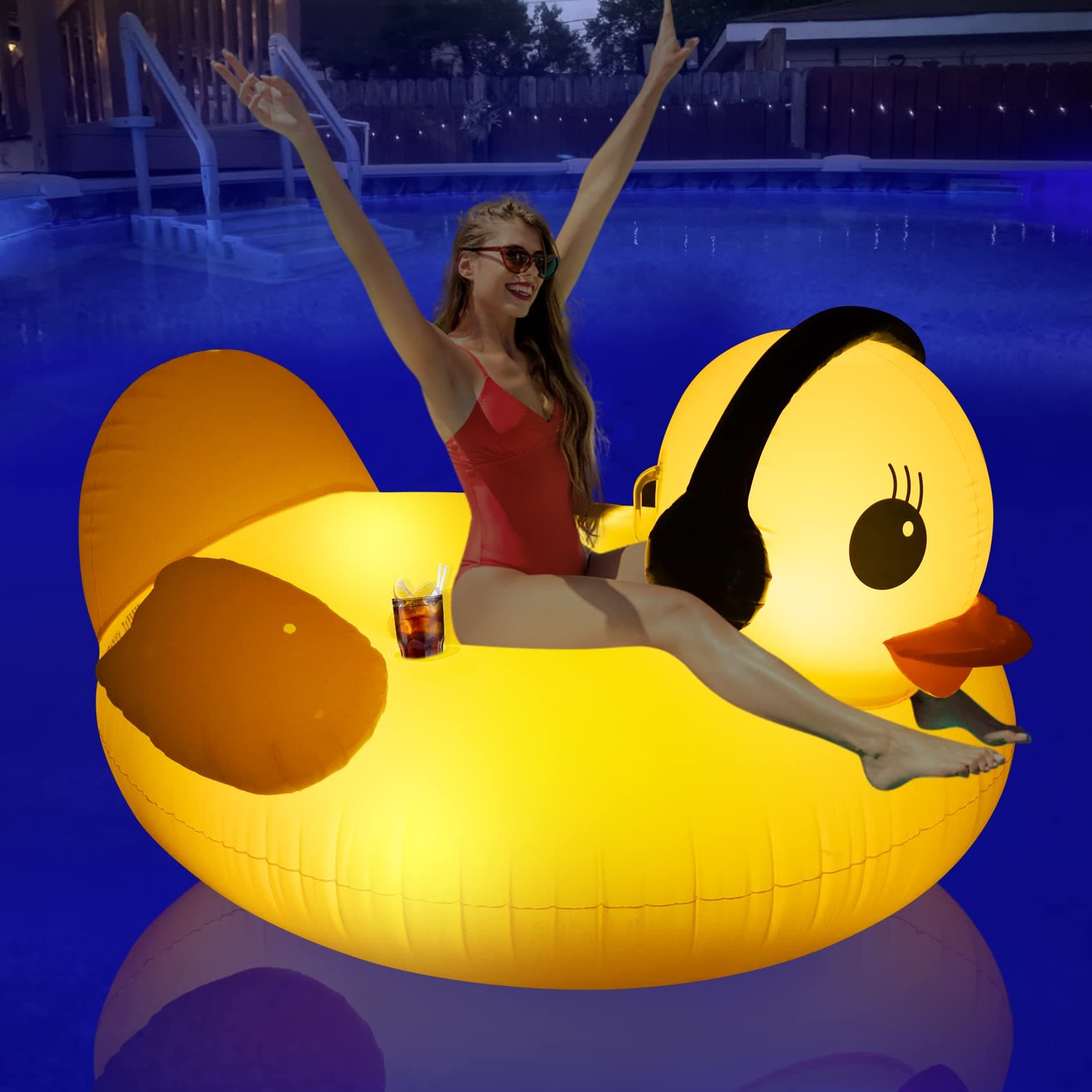 DeeprBetter Inflatable Duck Pool Float with Lights, Solar Powered Cute Duck Pool Floaties for Adults, Large Inflatable Ride-On with Cup Holder, Fun Beach Floaties,Lake Pool Raft Lounge for Adults