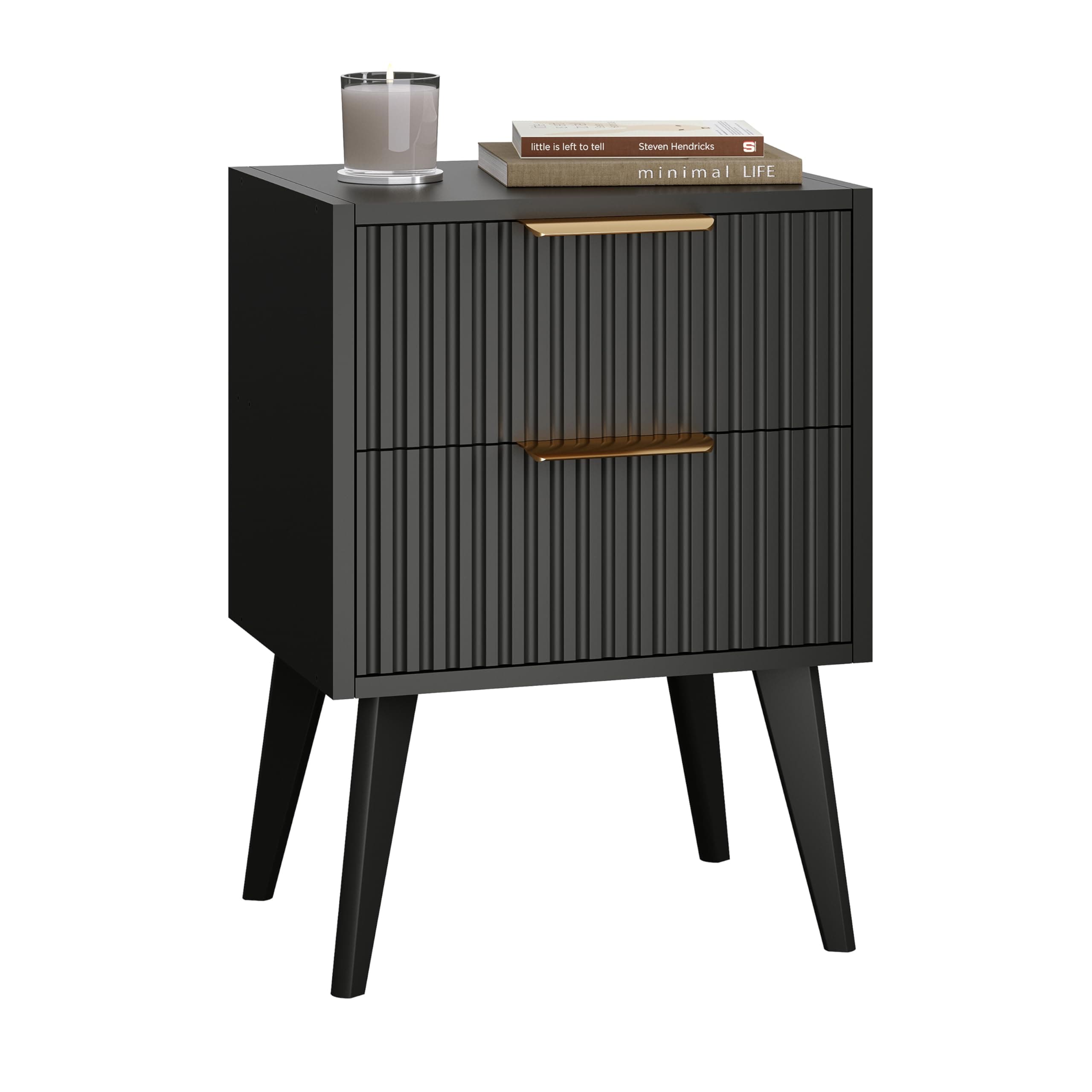 Small Black Night Stand,Mid Century Modern Bedside Table, Nightstand with 2 Drawers,Fluted Side Table with Wood Legs, End Table for Bedroom,Small Space,Black 11.8" D x 16" W x 22.4" H CTG55BK
