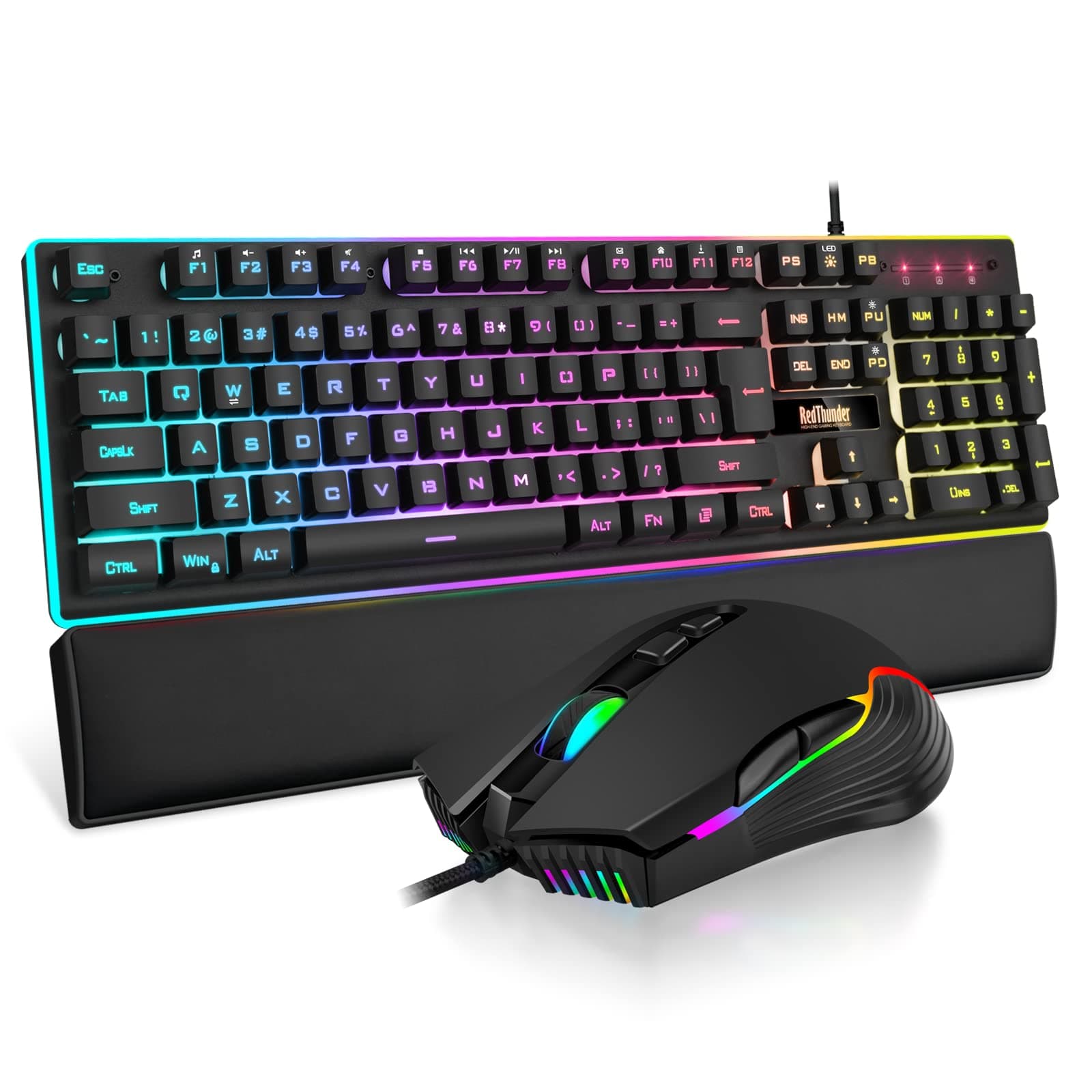 K10 Wired Gaming Keyboard and Mouse and Wrist Rest Combo, RGB Backlit, Mechanical Feel Anti-ghosting Keyboard + 7D 7200 DPI Mice+Soft Leather Wrist Rest 3 in 1 PC Gamer Accessories(Black)