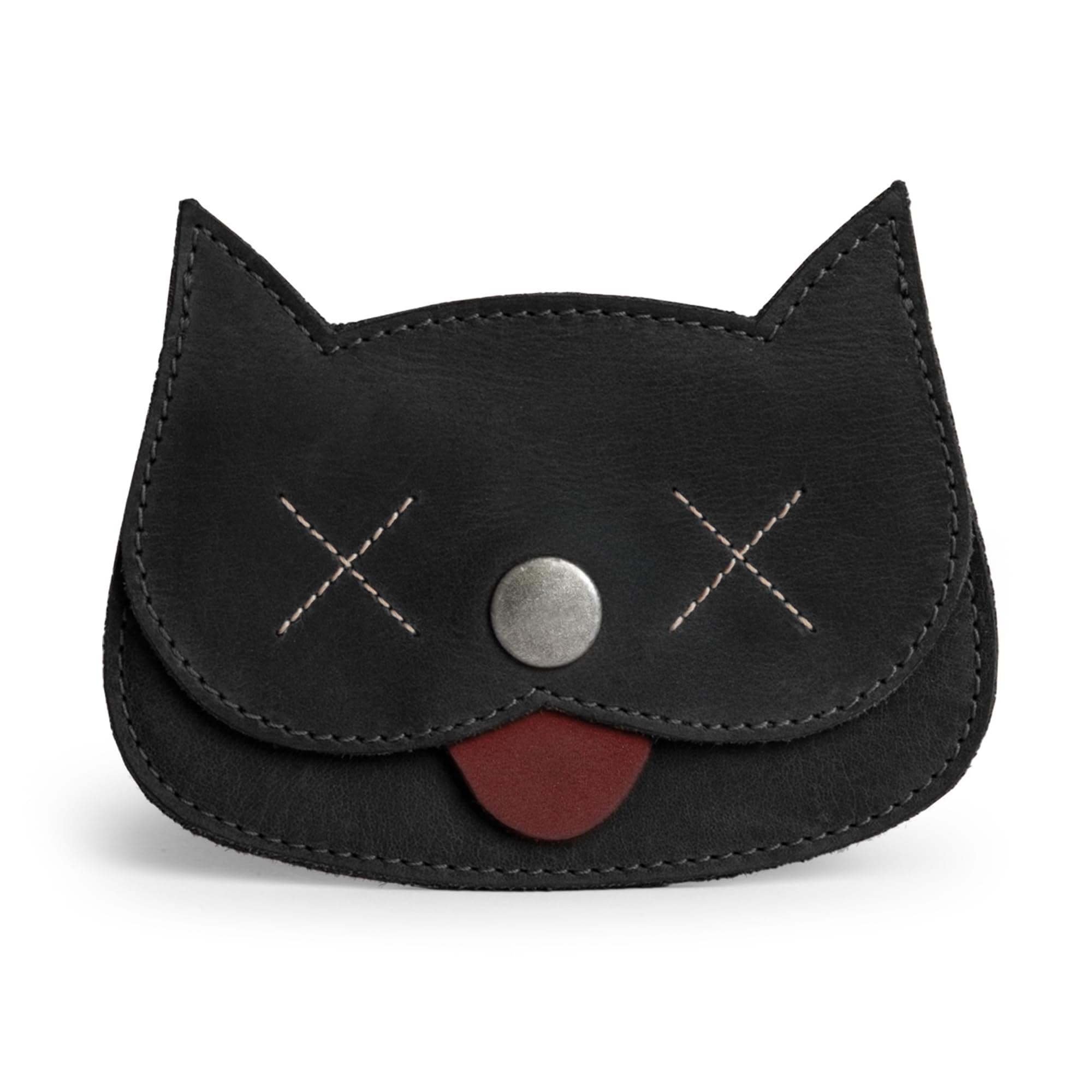 Cat Shape Wallet Handmade from Full Grain Leather - Cartoon Black