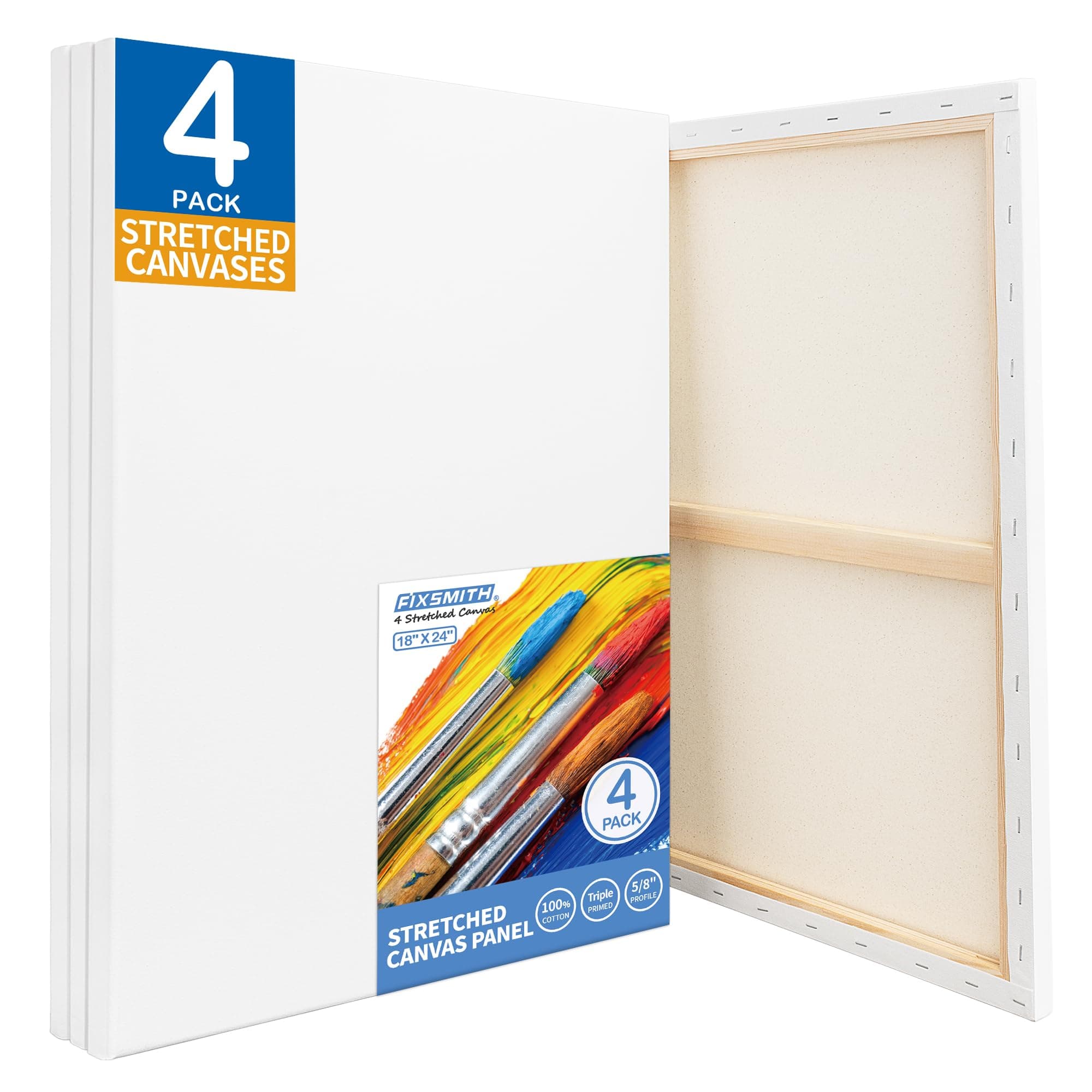 Stretched White Blank Canvas - 18x24 Inch, 4 Pack,Primed Large Canvas,100% Cotton,5/8 Inch Profile of Super Value Pack for Acrylics,Oils & Other Painting Media