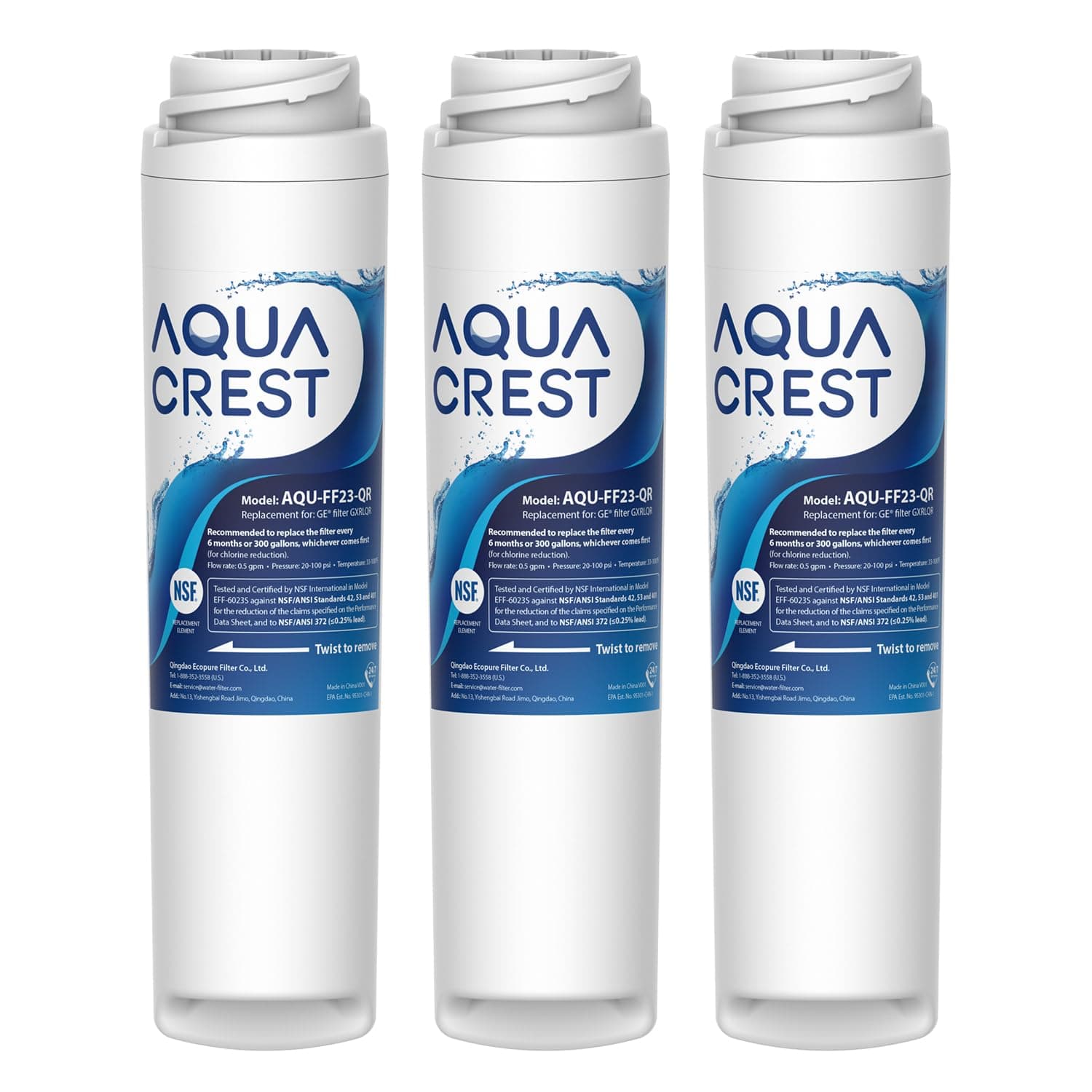 AQUACREST GXRLQR 𝐍𝐒𝐅/𝐀𝐍𝐒𝐈 𝟒𝟎𝟏 𝐂𝐞𝐫𝐭𝐢𝐟𝐢𝐞𝐝, 𝐑𝐞𝐝𝐮𝐜𝐞𝐬 𝐏𝐅𝐀𝐒, 𝐏𝐅𝐎𝐀/𝐏𝐅𝐎𝐒, Replacement for GE SmartWater Twist and Lock In-Line GXRLQR Water Filter(Pack of 3)