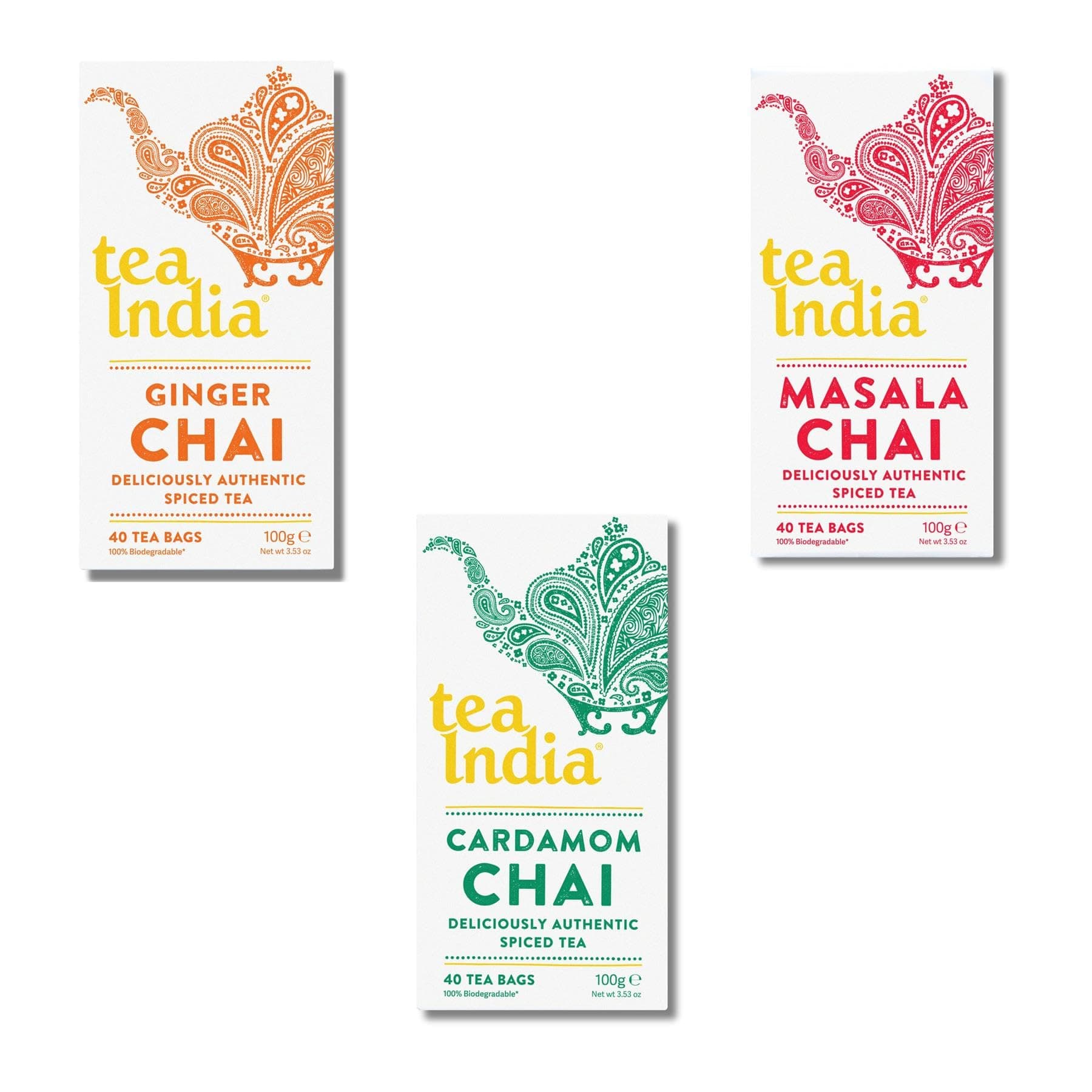 2 Pack (Each 40 Teabags 100g) Tea India Chai Pick N Mix - Choose From 3 Flavours | Ginger-Chai, Masala-Chai and Cardamom-Chai Authentic Spiced-Tea