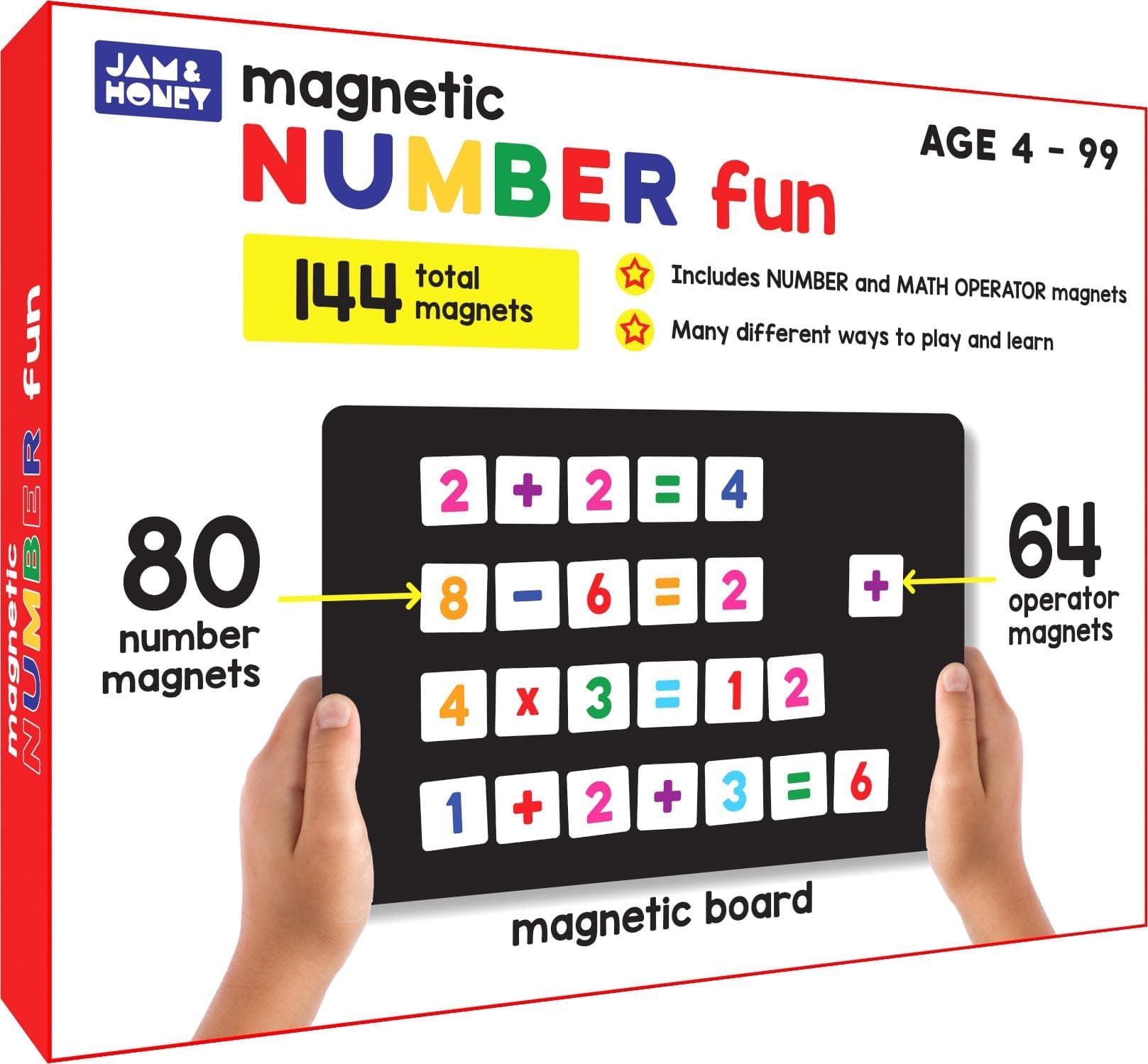 Amazon Brand - Jam & Honey Magnetic Math Game - with 80 Magnets | 64 Operator Magnets | Magnetic Board and Equation Book | Learn Numbers, for Counting and Simple Math for Kids | 4+ Years | Multicolor