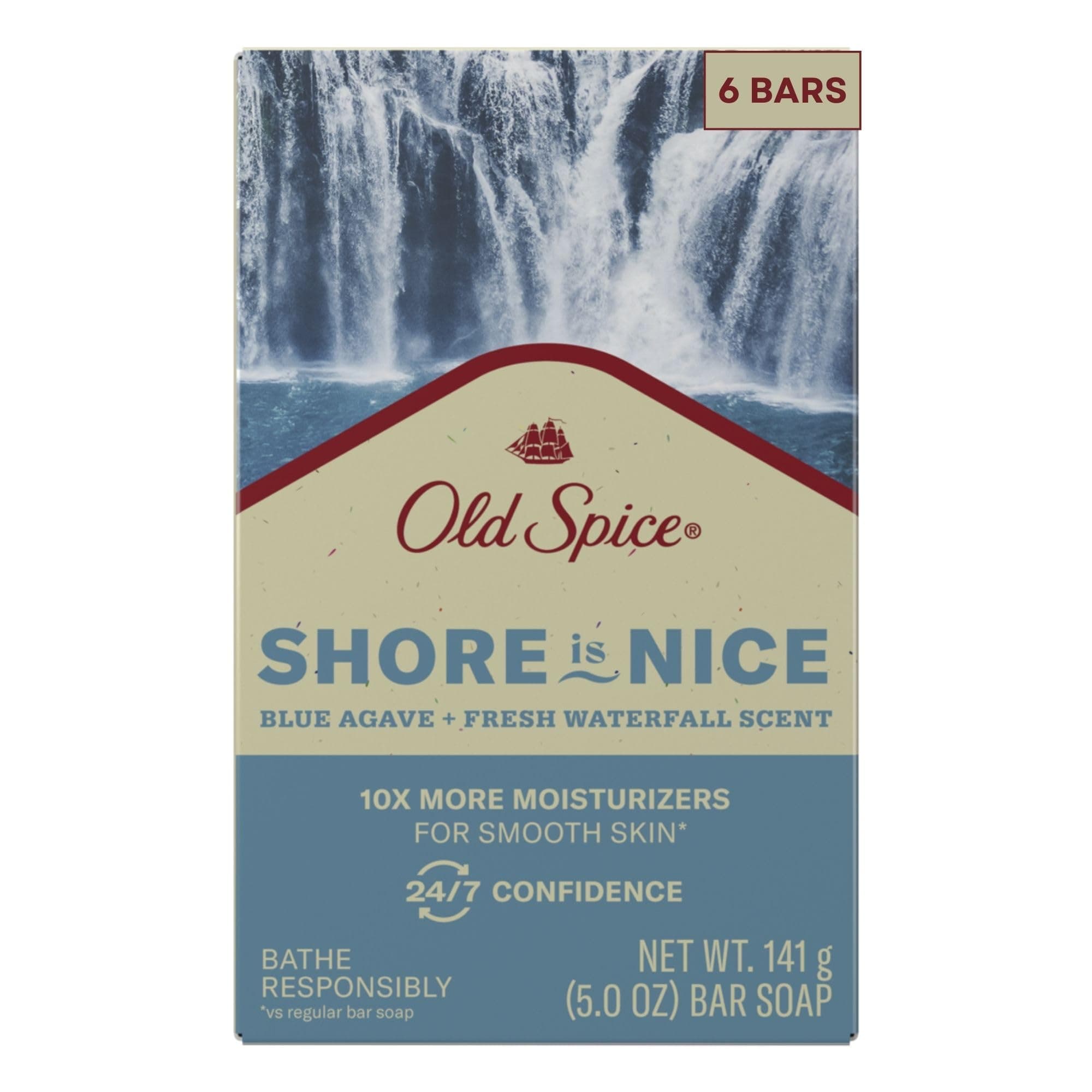 Old Spice Bar Soap for Men, Shore is Nice Blue Agave + Fresh Waterfall Scent, 10x More Moisturizers for Smooth Skin with Mild Exfoliators & Plant Based Cleansers, 5.0 oz (Pack of 6)