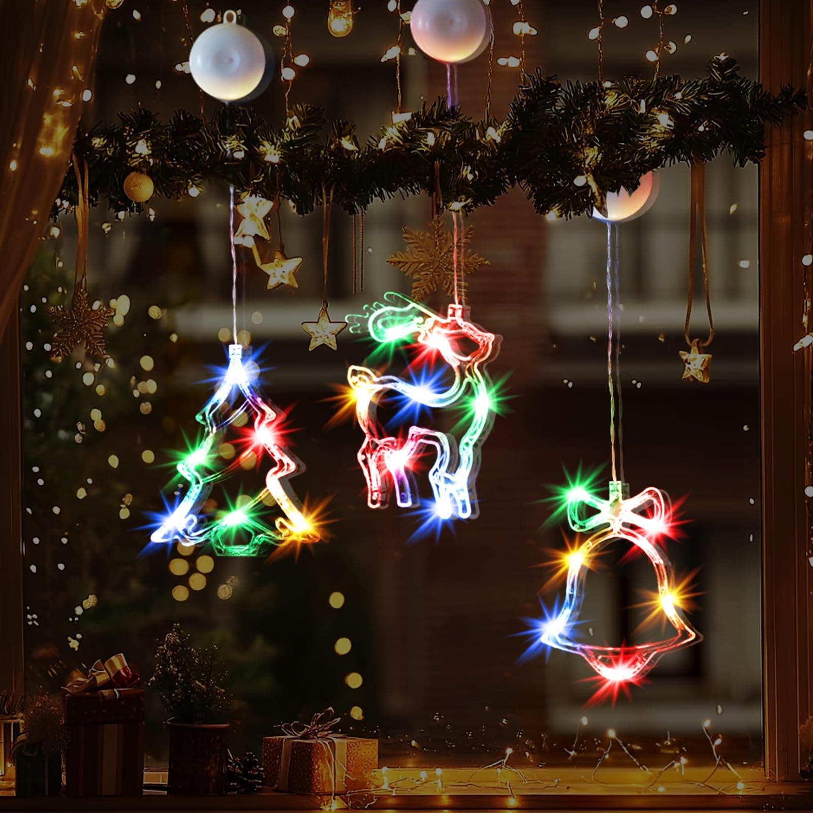 Brightown 3 PCS Lighted Christmas Window Decorations Light up Bell X-Mas Tree Reindeer Battery Operated with Suction Cup Hook for Christmas Window Glass Wall Indoor Decorations Muti-Color