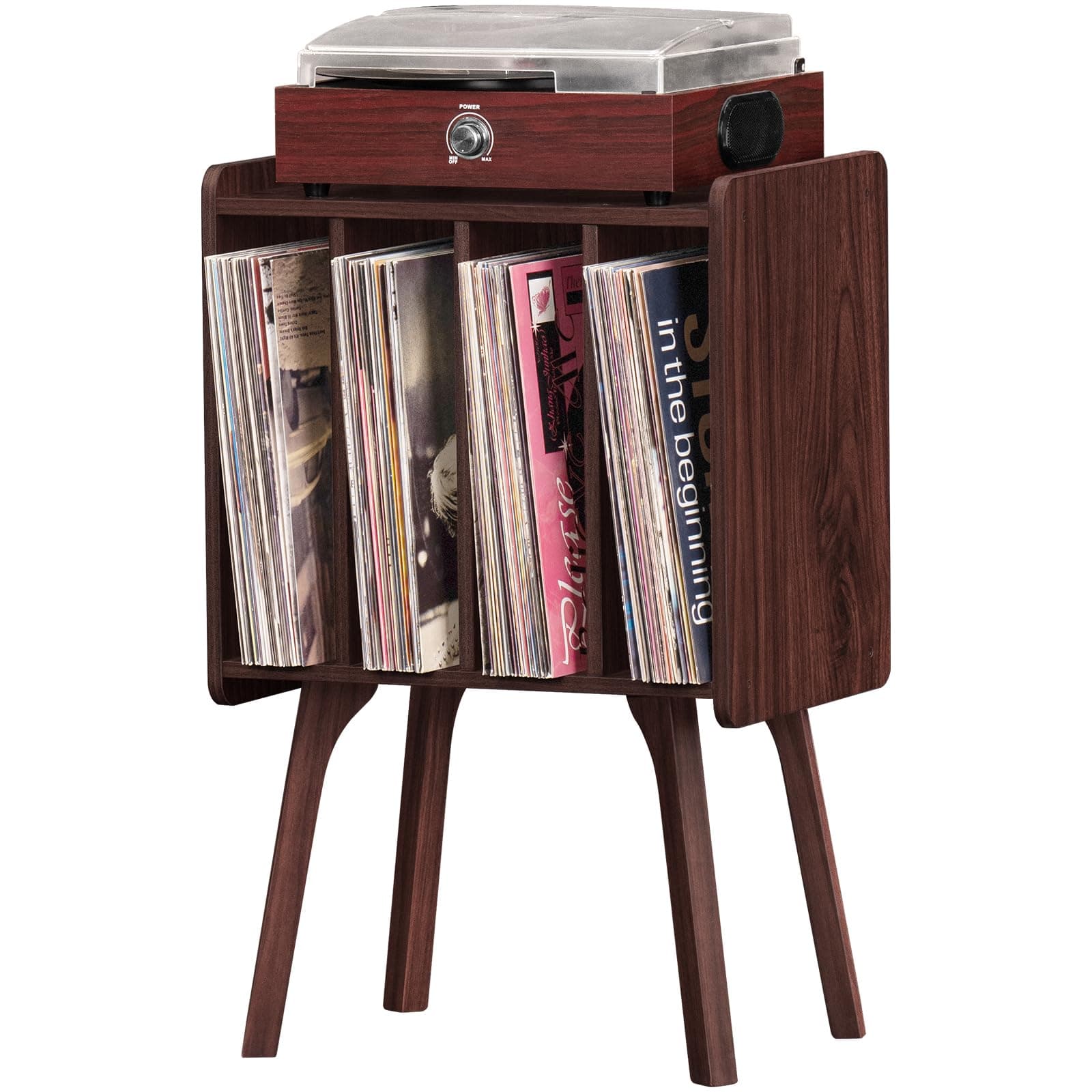 LELELINKY Small Record Player Stand - Width 11.7 in, Walnut Vinyl Record Storage Table with 4 Cabinet Up to 80 Albums, Vinyl Holder with Wood Legs,Turntable Stand Display Shelf for Bedroom Living Room