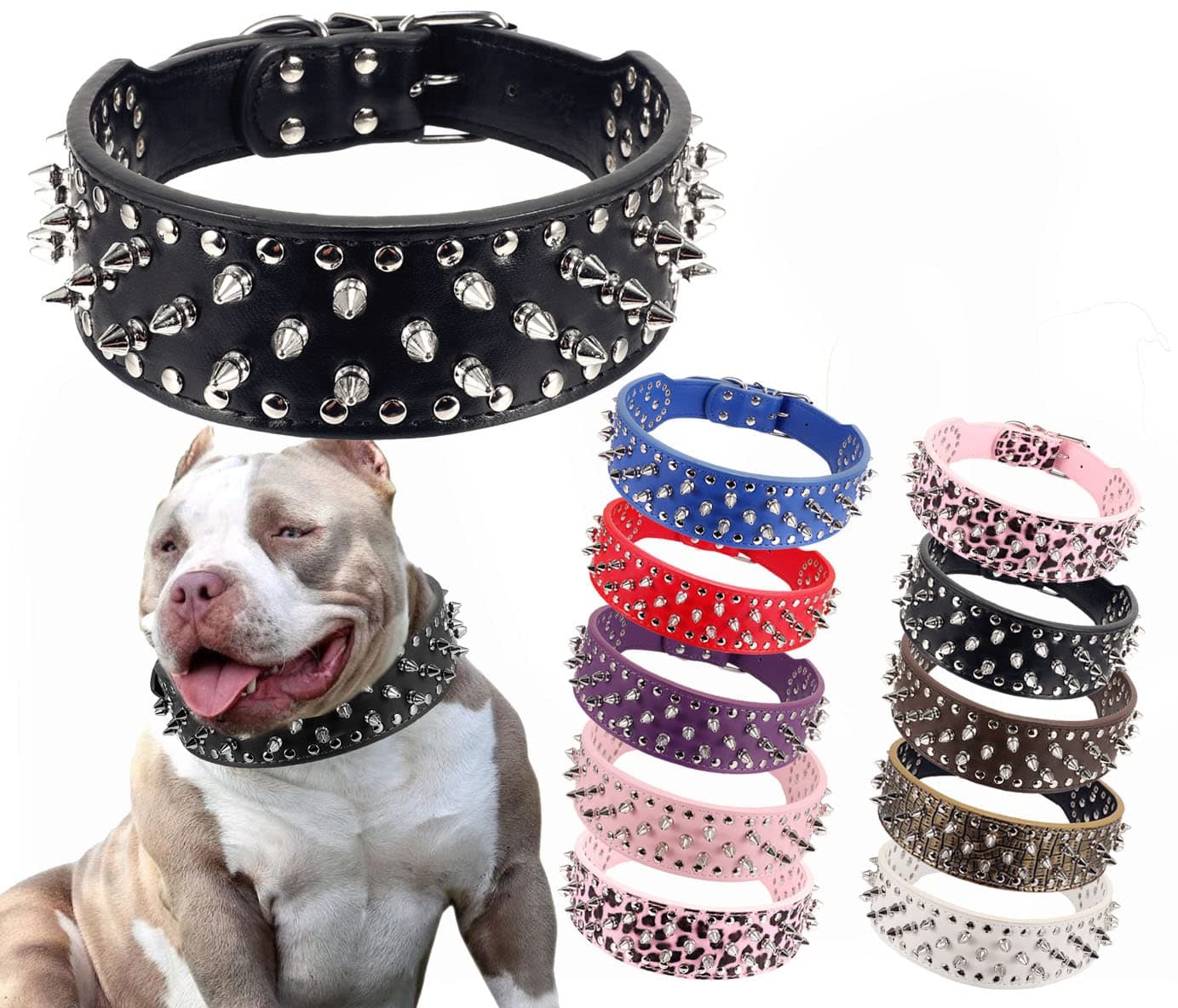 Hoot PU Leather Adjustable Spiked Studded Dog Collar 2" Wide 43 Spikes (L(Neck 21"-24"), Black)