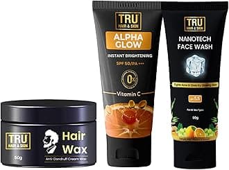 TRU HAIR Nanotechnology Facewash 50ml + Alpha Glow Instant Brightening Cream 25ml + Hair Wax Cream 50gm- COMBO