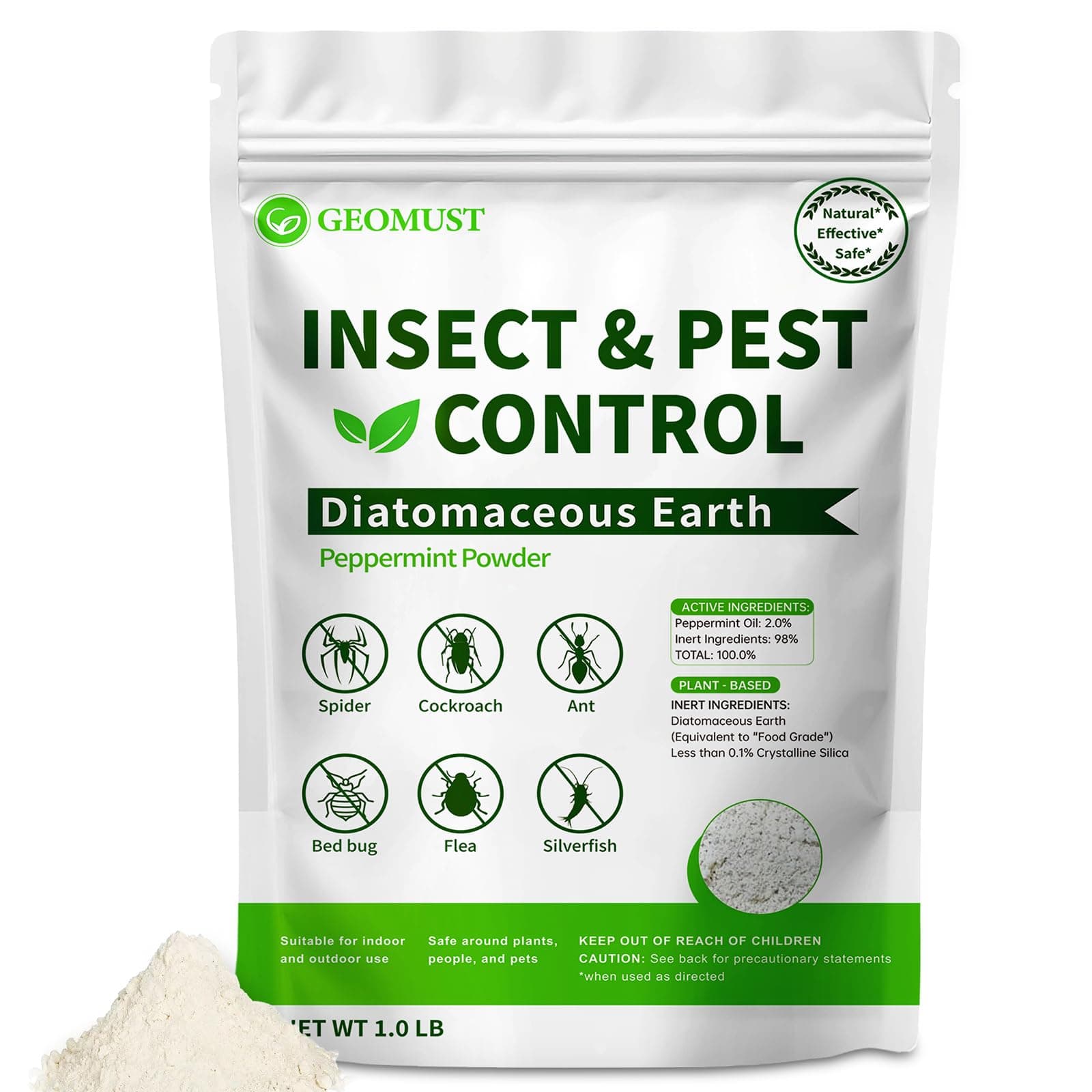Diatomaceous Earth Insect & Pest Control, Crawling Insect Killer with Peppermint, Safe for Home & Garden, Ants, Roaches, Fleas, Bed Bugs, Silverfish & More, 1 lb