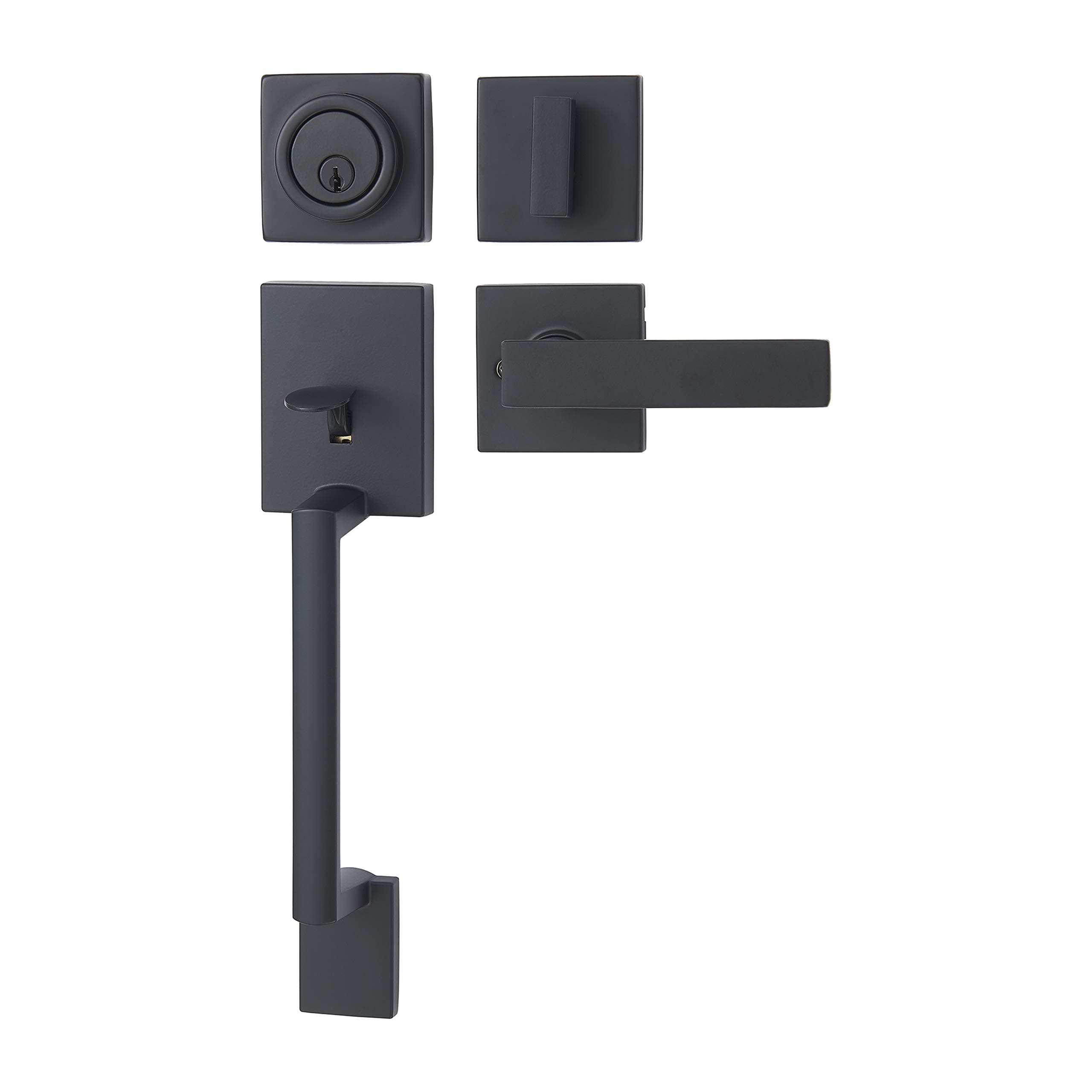 Amazon Basics Front Door Lock Set, Handleset with Stamford Lever, Level Door Handle, Exterior, Single Cylinder Packs, Matte Black, 1-Pack