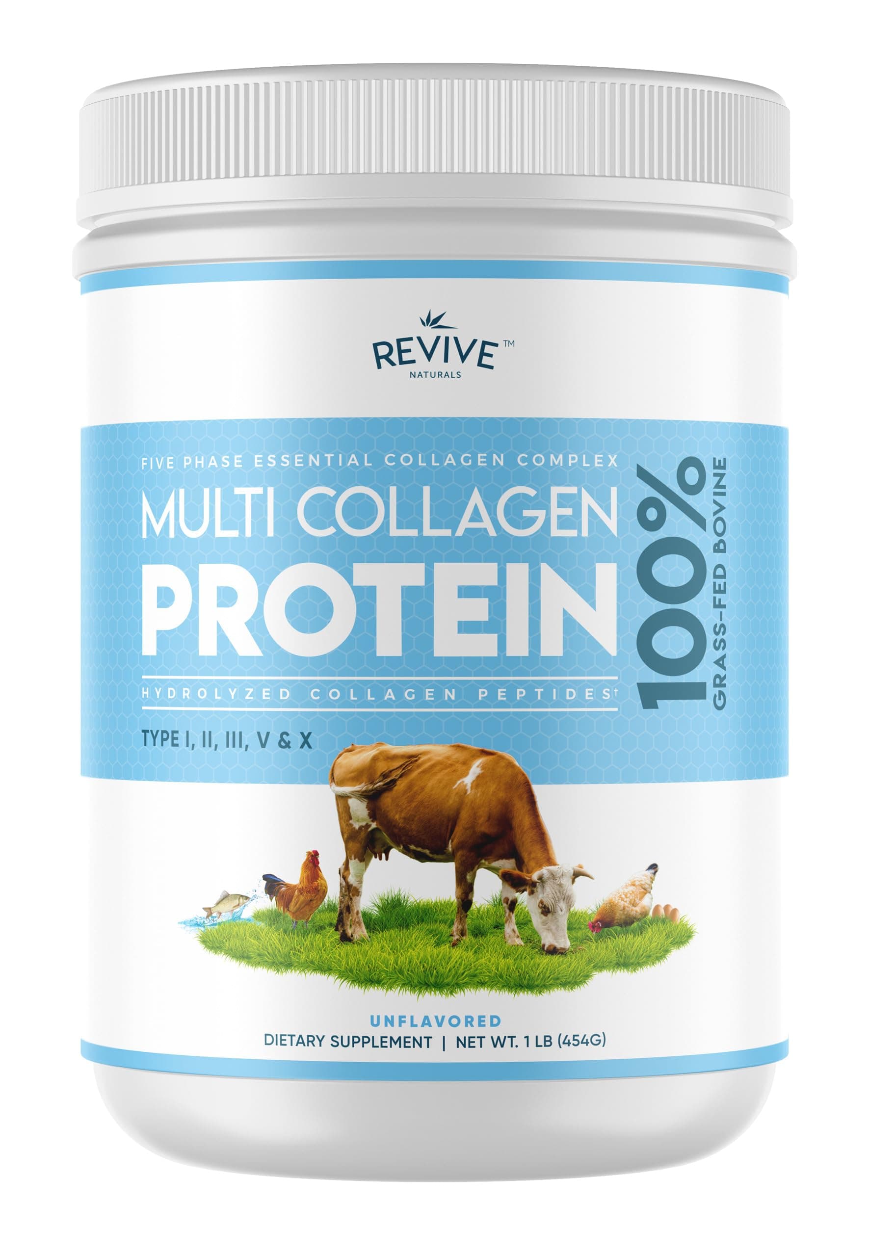 Multi Collagen Powder (14.1 oz) - Type I, II, III, V & X - Hydrolyzed Grass-Fed Bovine, Fish, Free-Range Chicken and Eggshell Collagen Multi Collagen Unflavored