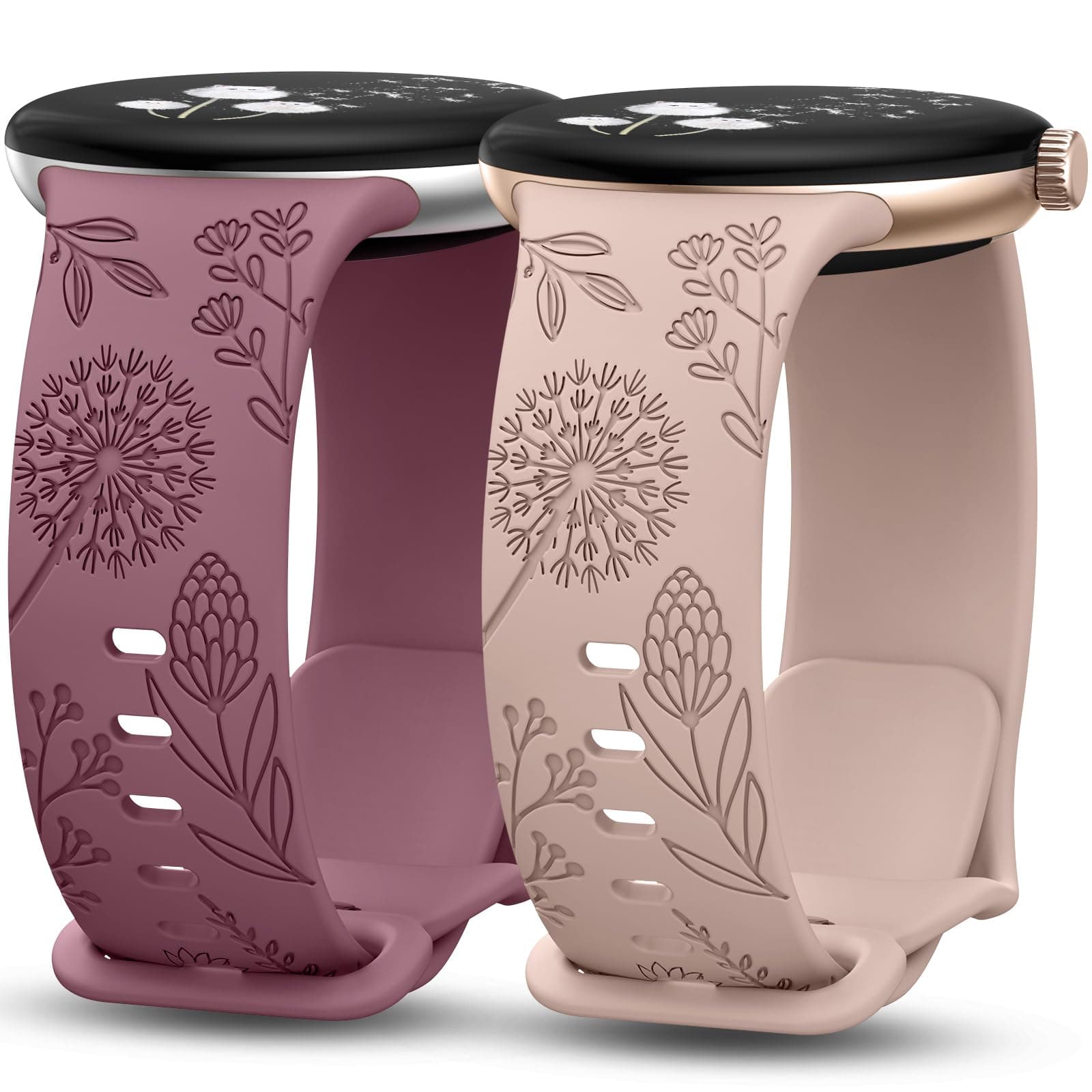 2 Packs Floral Engraved Bands Compatible with Google Pixel Watch 4/3 41mm/Pixel Watch 2/1 Band Women, Cute Soft Silicone Flower Sport Fancy Straps