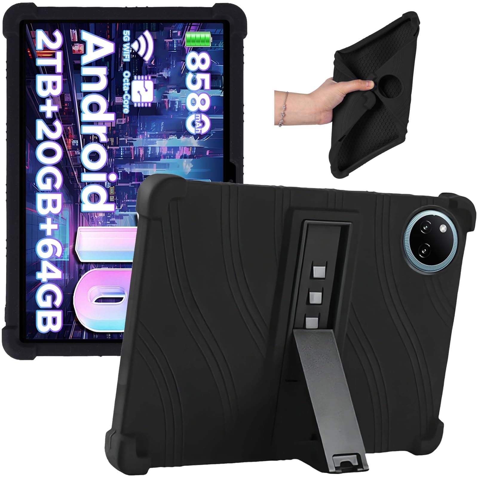 Junfire Silicone Case for DOOGEE Tab A9+ Plus/DOOGEE Tab A9 Pro+ Plus (11 Inch) Android 15 Tablet, Case Shockproof Rugged with Kickstand - Black