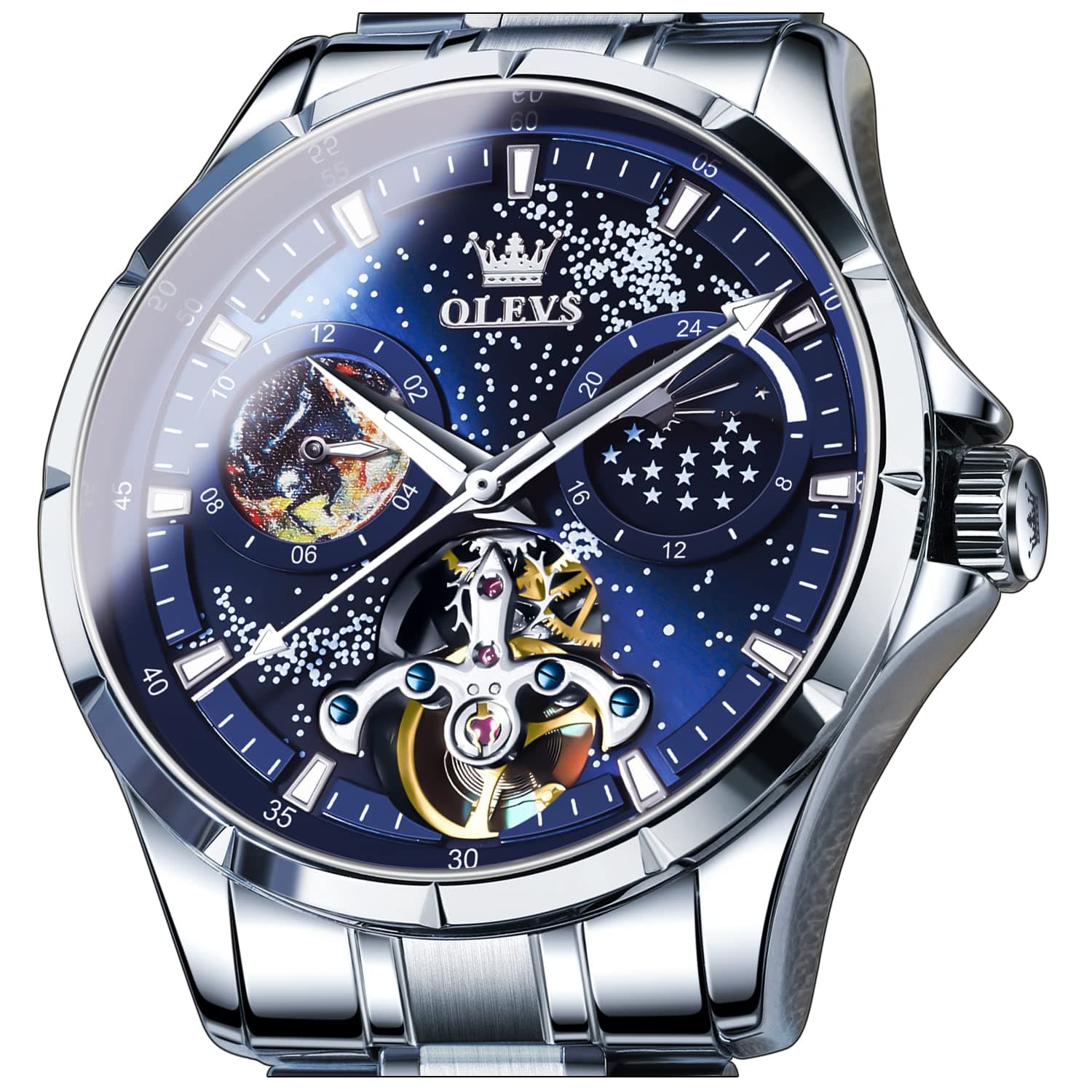 Self Winding Watches for Men Automatic Mechanical Skeleton Luxury Dress Waterproof Moon Phase Tourbillon Chronograph Stainless Steel Luminous Wristwatch