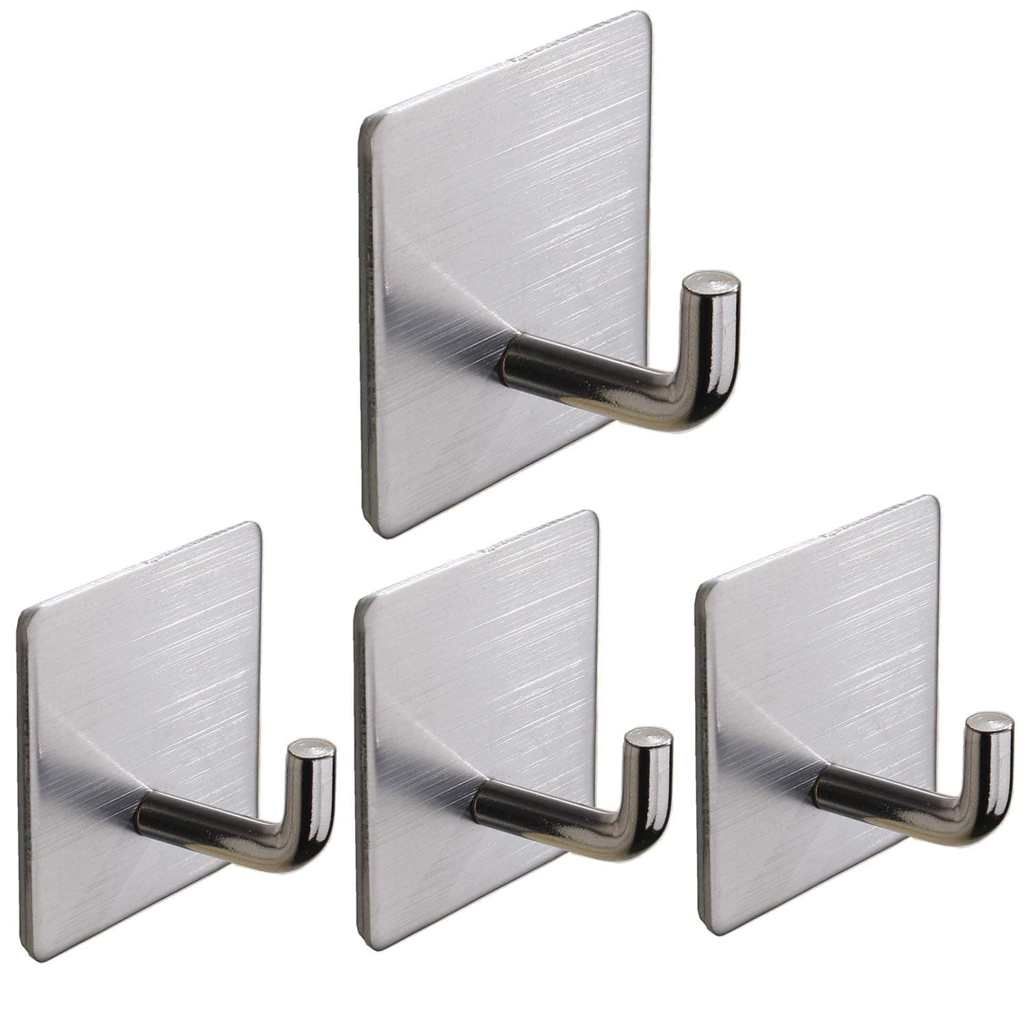 4 Pack Self Adhesive Hooks, Stainless Steel Adhesive Hook Heavy Duty Sticky Hanger Waterproof Rustproof Hanging Holder Stick on Wall, Door, Bathroom, Kitchen, Office (Silver)