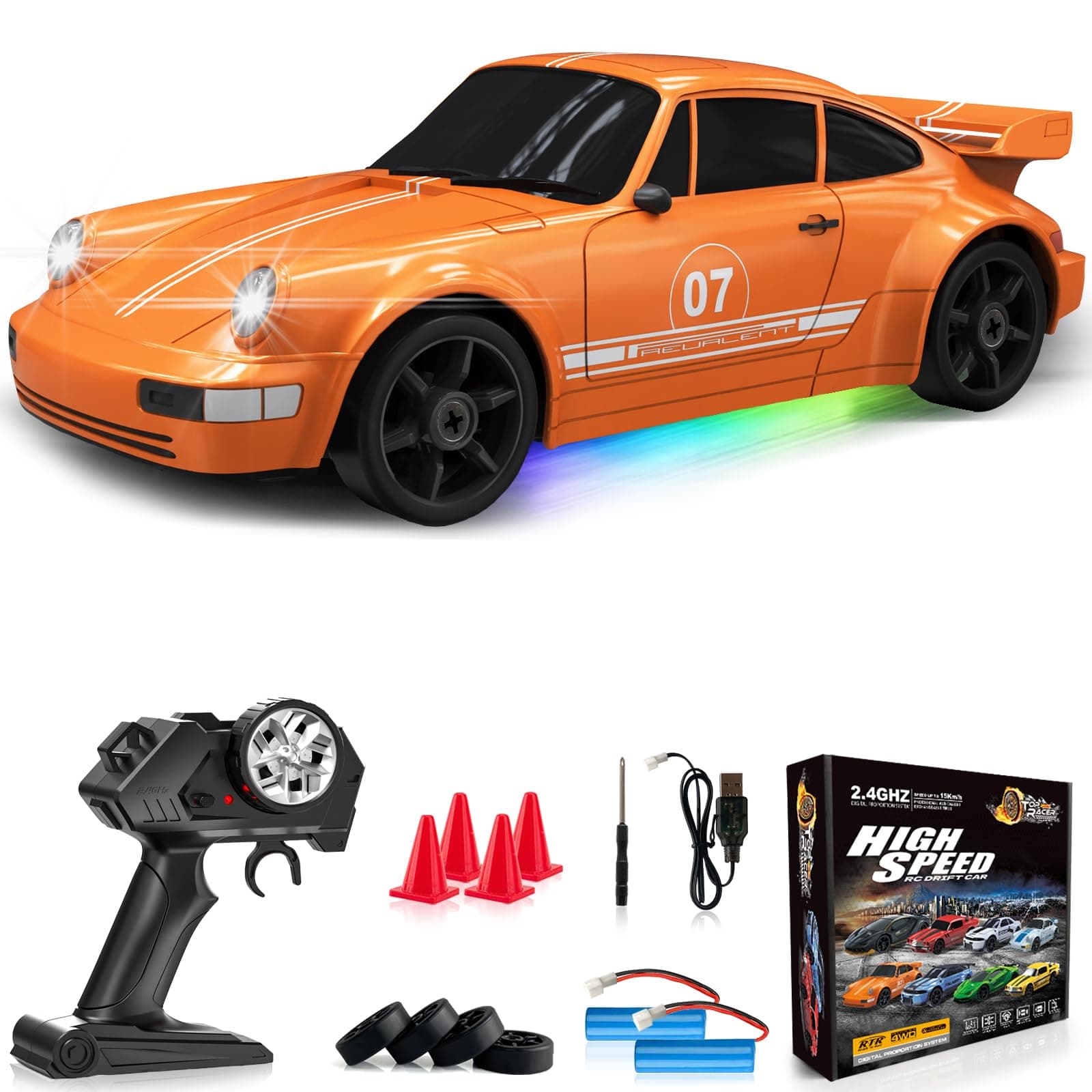 Remote Control Car RC Drift Car 2.4GHz 1:24 4WD 15KM/H High Speed Racing Sport Car with LED Lights Drifting Tire Racing Sport Toy for Adults Boys Girls Kids Gift 2Pcs Rechargeable Batteries