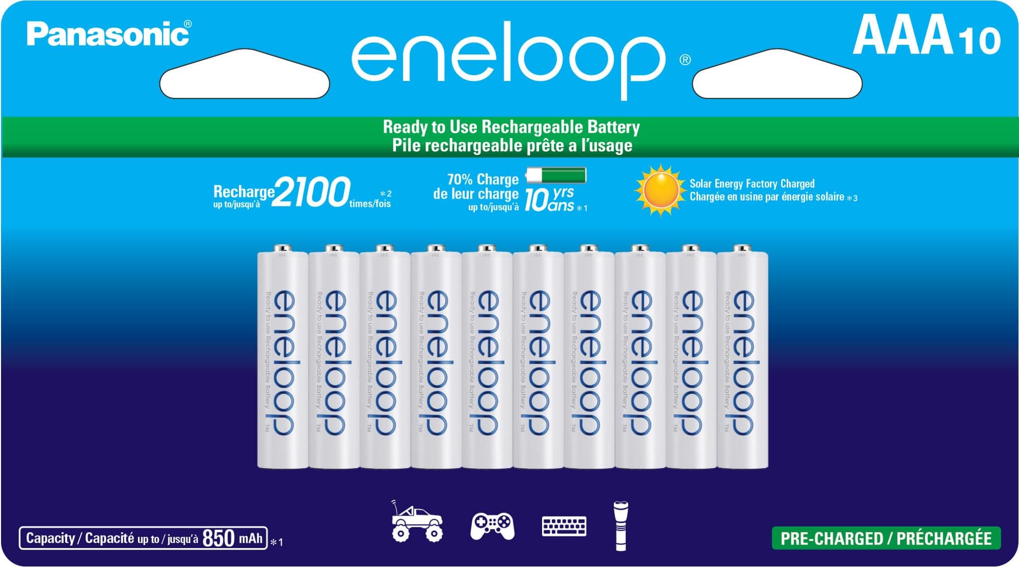 Eneloop Panasonic BK-4MCCA10FA AAA 2100 Cycle Ni-MH Pre-Charged Rechargeable Batteries, 10-Battery Pack