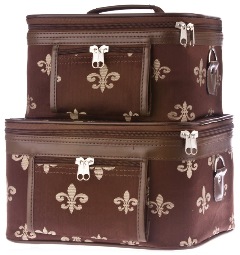 World Traveler 2-Piece Fleur De Lis Cosmetic Train Case Set, Brown and Ivory