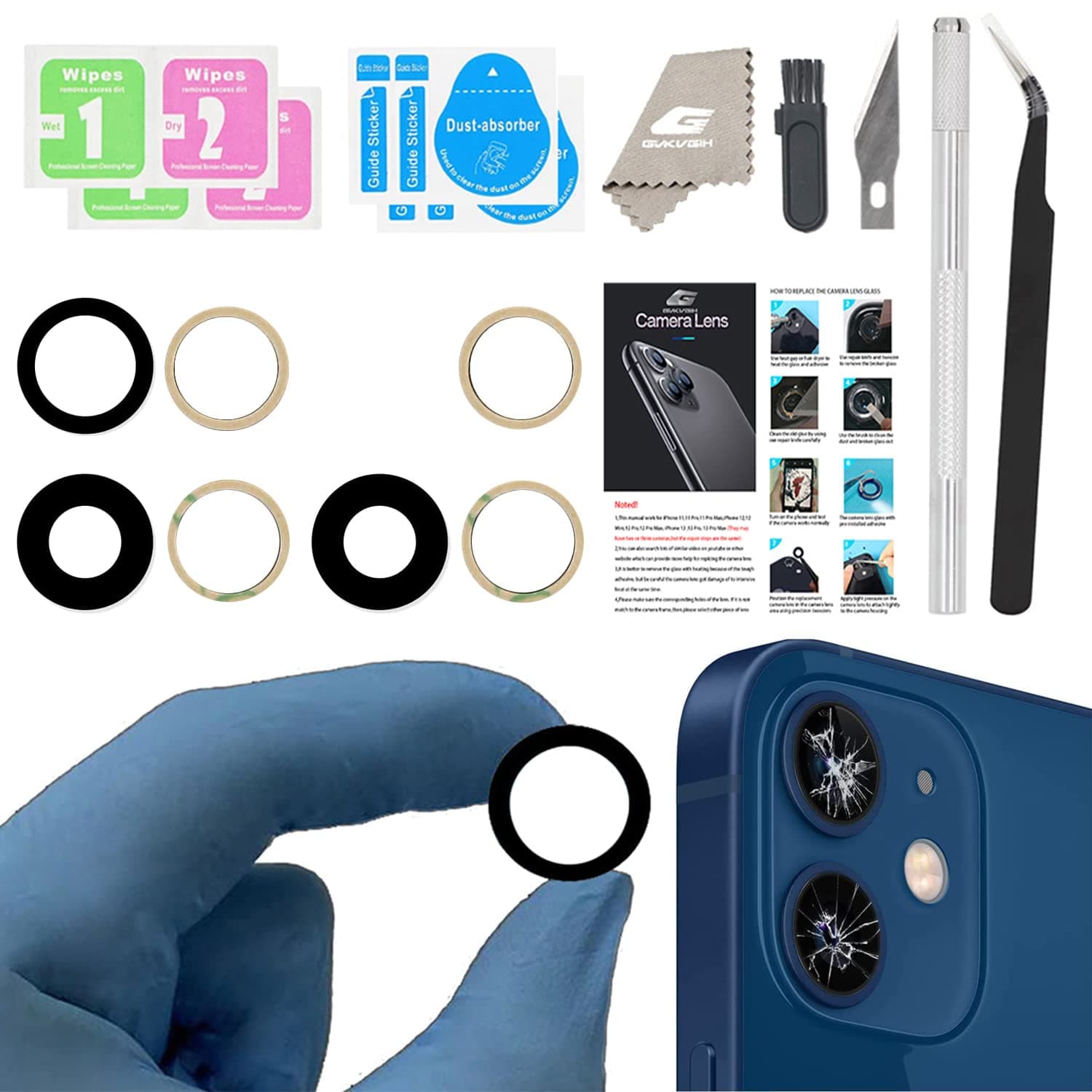 Rear Camera Lens Glass Replacement for iPhone 12 & 12Mini, GVKVGIH Back Camera Lens Replacement with Replacement with Double-Sided Adhesive & Repair Tool Kit (for 12 & 12Mini)