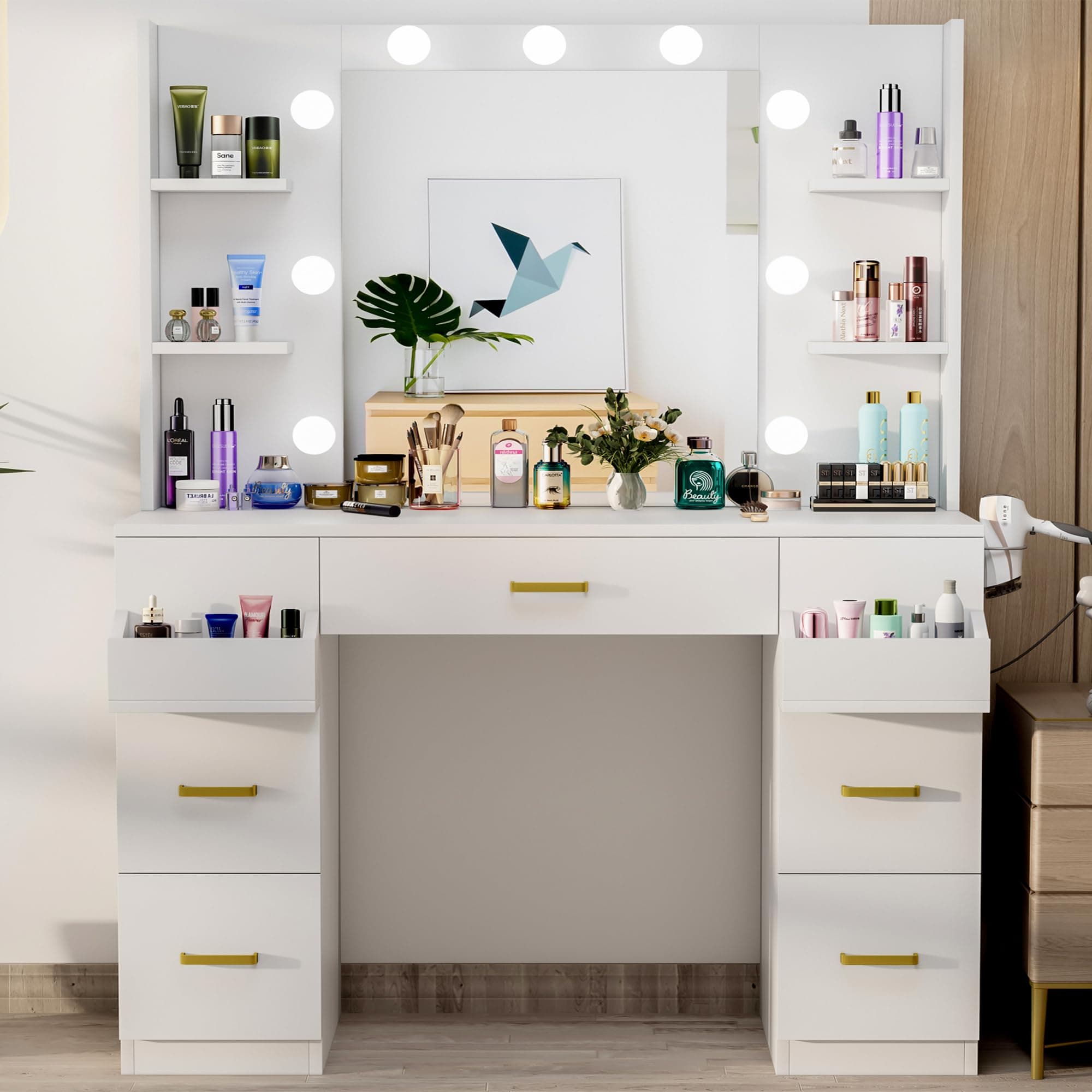Large White Makeup Vanity Desk with Lighted Mirror & Power Outlet,Vanity Table with 3 Lighting Modes Brightness Adjustable, 5 Drawers,8 Open Storage Shelves,Hair Dryer Stand for Bedroom