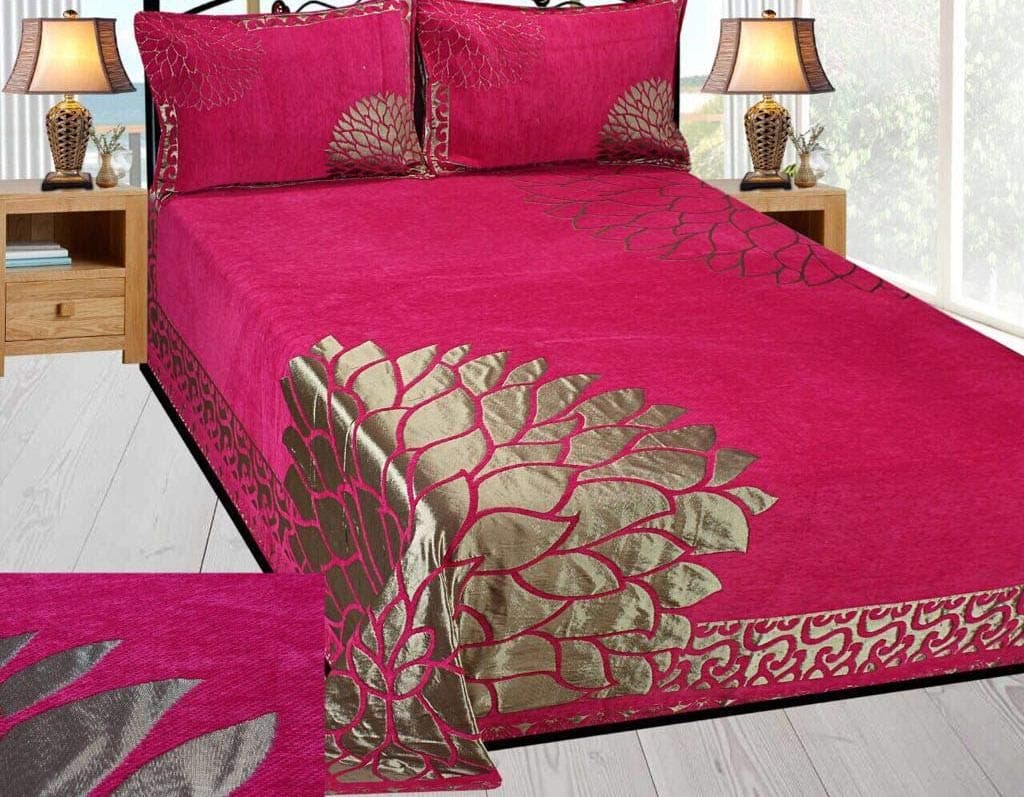 Fresh From Loom Superior Design Premium 500 TC Chenille Double Bedsheet with 2 Pillow Covers - Floral, Pink