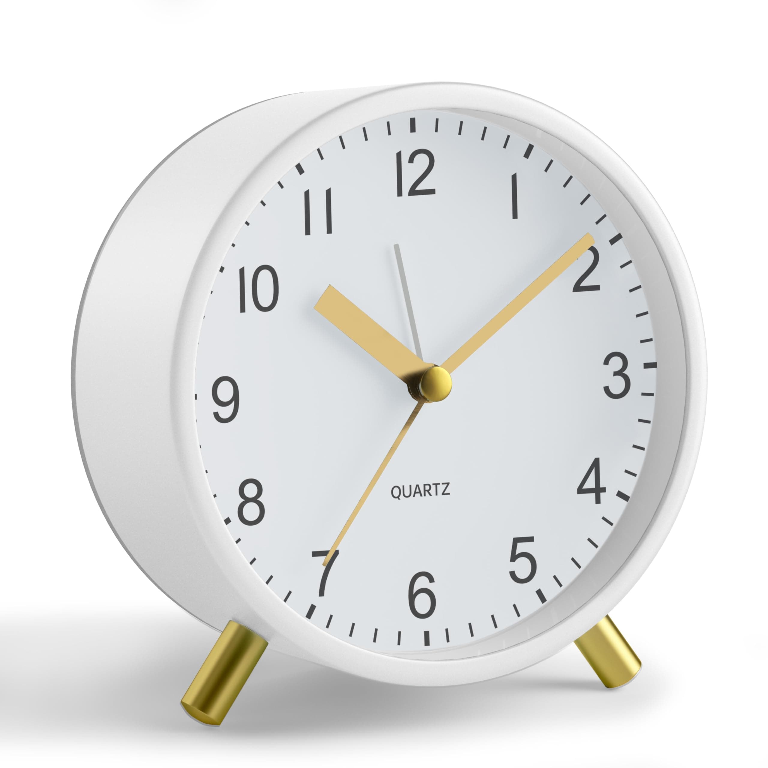 Analog Alarm Clock, 4 inch Super Silent Non Ticking Small Clock with Night Light, Battery Operated, Simple Design, easy setting for Office, Bedroom, Bedside, Desk, teens, elders, kids, adult, White