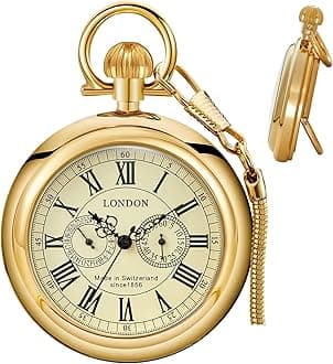 Stainless Steel Pocket Watch London Mechanical Steampunk Pocket Watches with Chain for Men Graduation Birthday Gifts Fathers Day