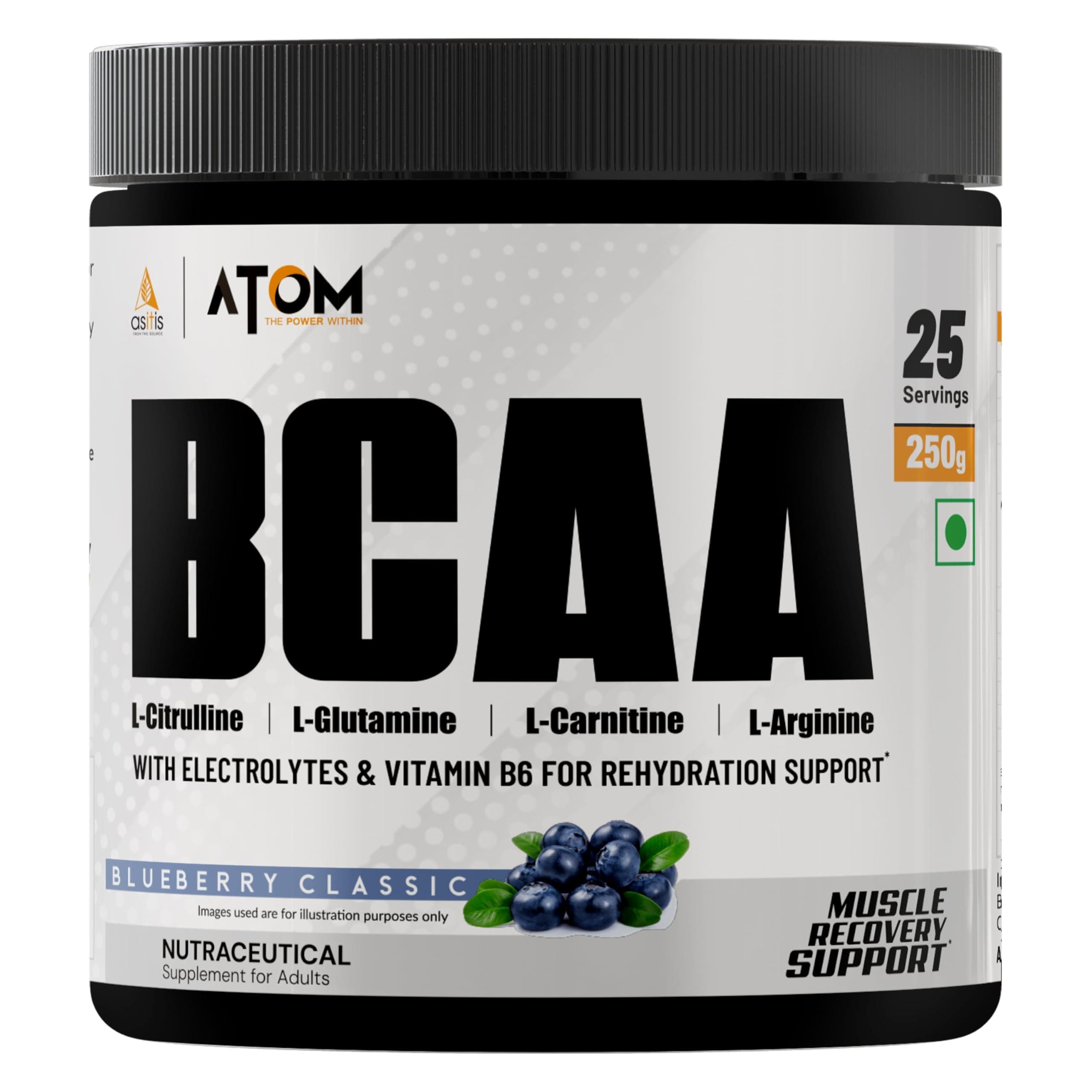 AS-IT-IS ATOM BCAA 250g with L-arginine, L-Carnitine, L-Citrulline for Energy Burst & Athletic Performance | Blueberry classic Flavor…