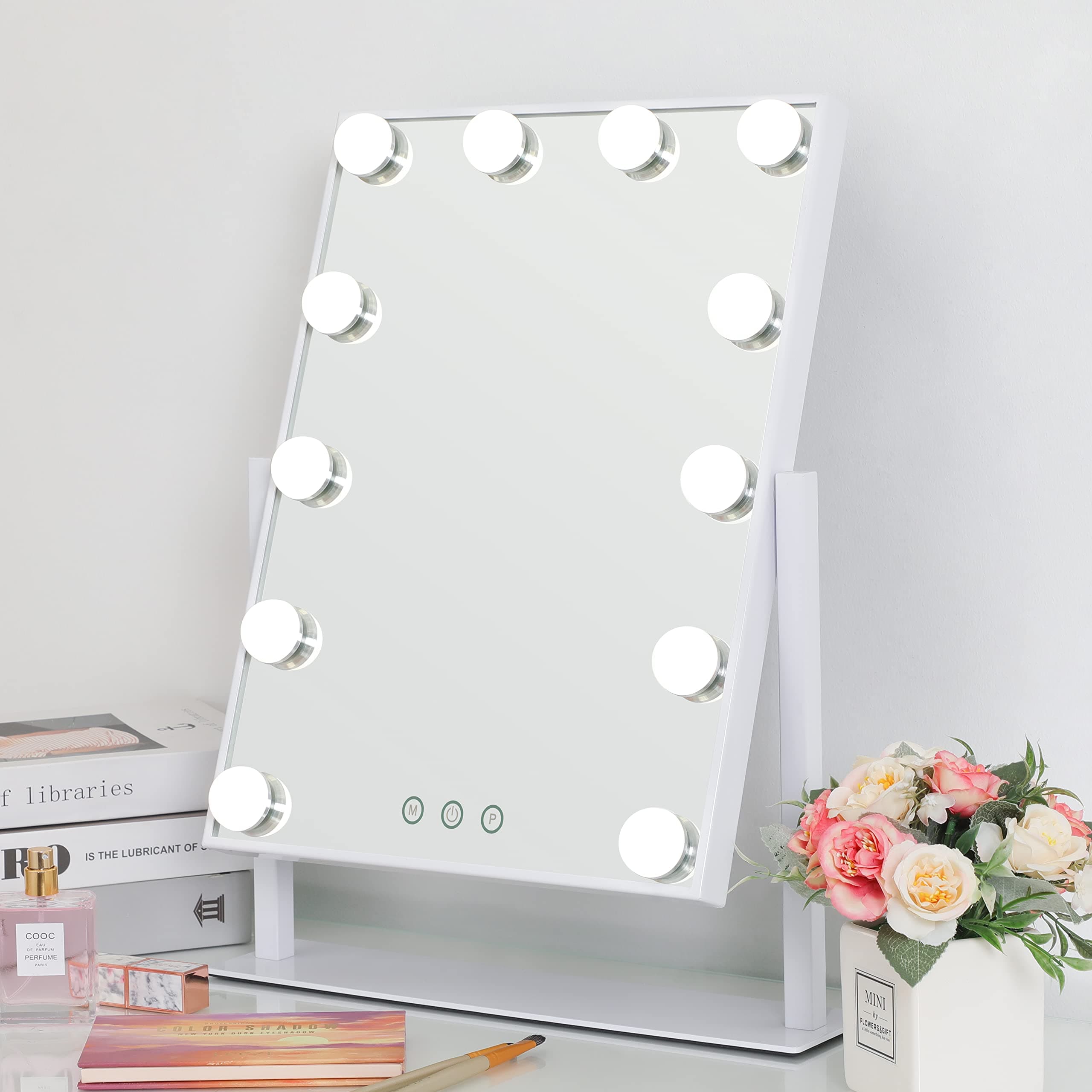 WAYKING Hollywood Makeup Vanity Mirror with Lights for Dressing Table, Lighted Vanity Makeup Mirror, Dimmable Tabletop Cosmetic Mirror with 12 LED Bulbs, Touch Control and 3 Color Modes, White