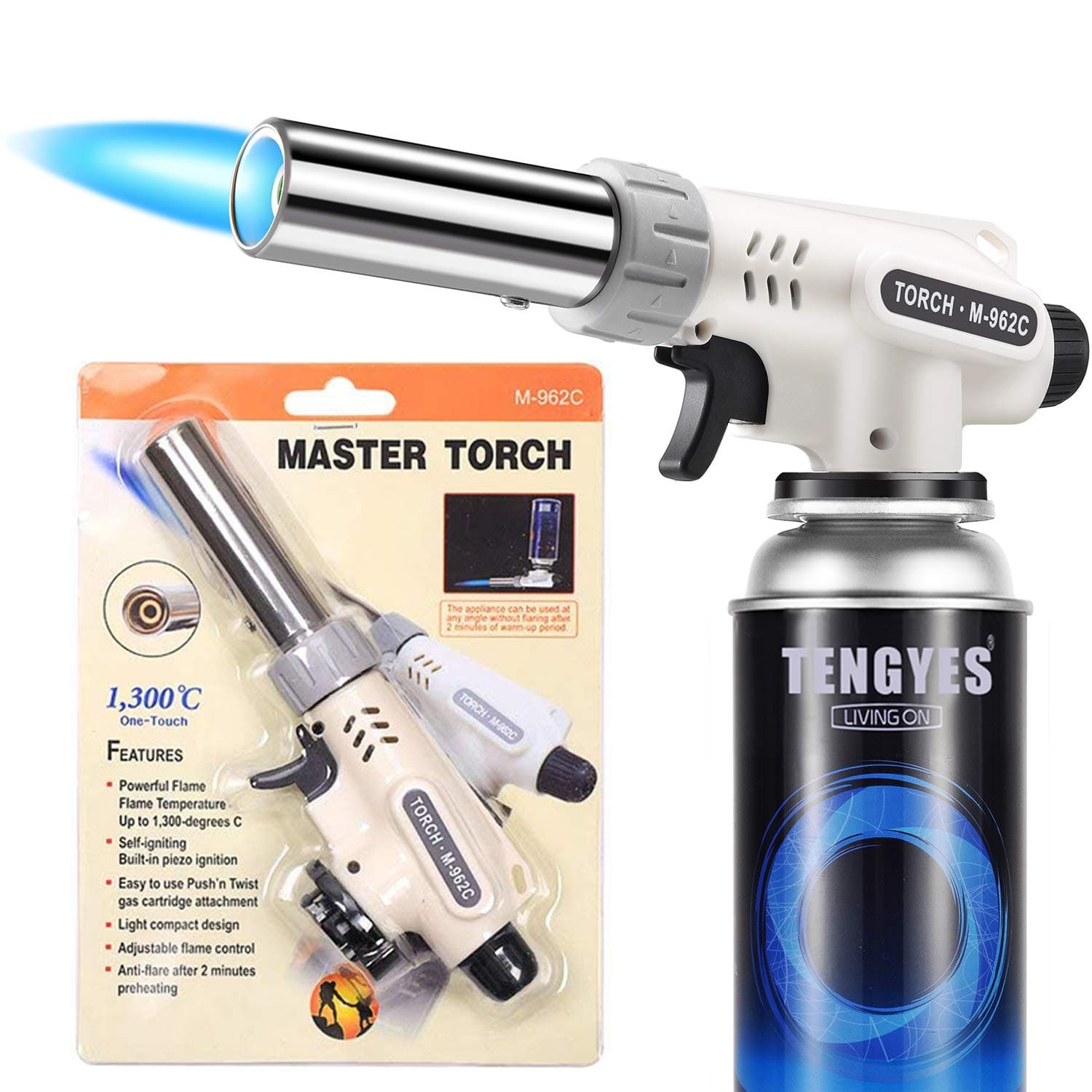 Kitchen Butane Blow Torch Lighter - Culinary Torch Chef Cooking Torches Professional Adjustable Flame with Reverse Use for Creme, Brulee, BBQ, Baking, Jewelry by TENGYES, Butane Not Included