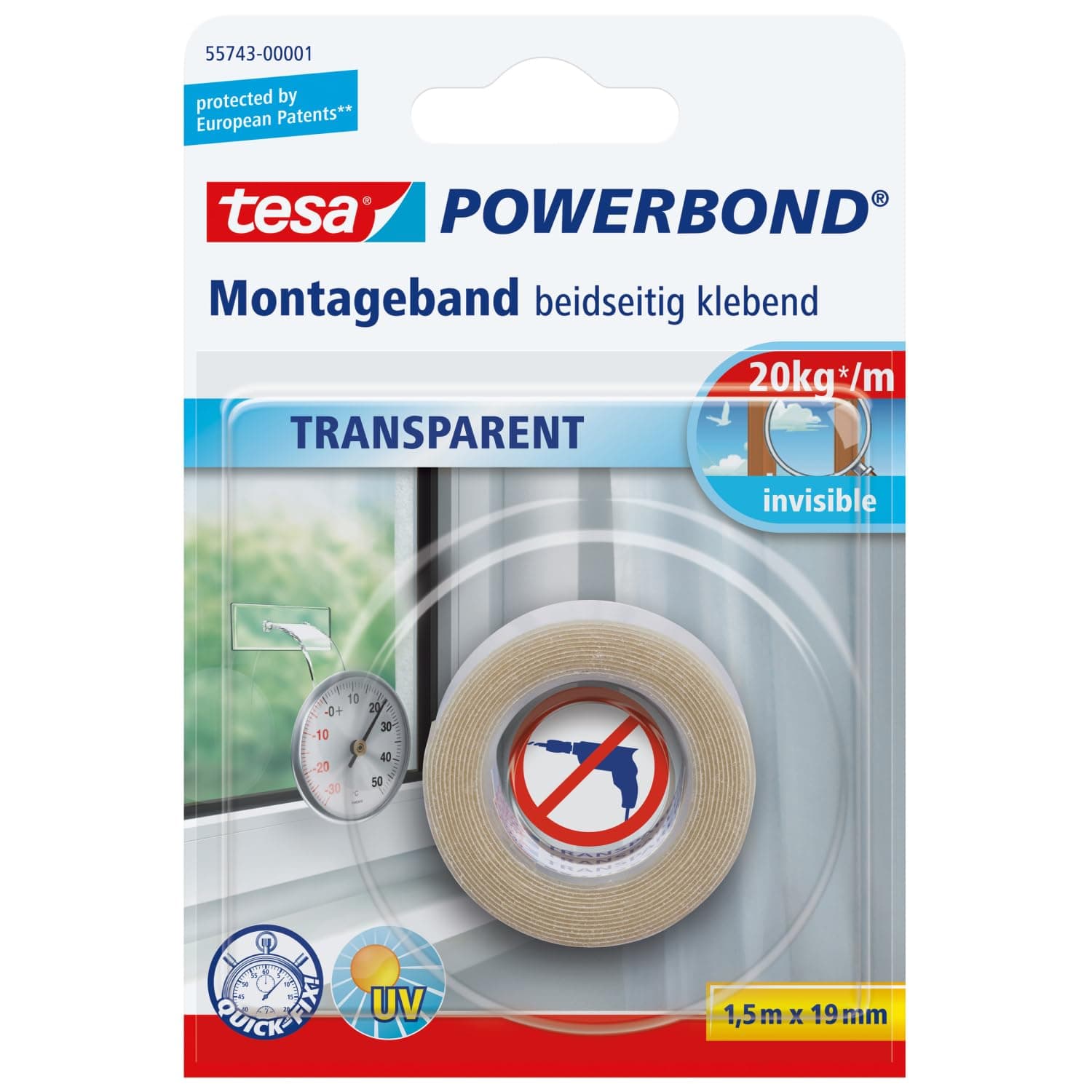 Tesa Powerbond Double Sided Mounting Tape - Transparent/Clear 1.5 m x 19 mm 55743-00000-02