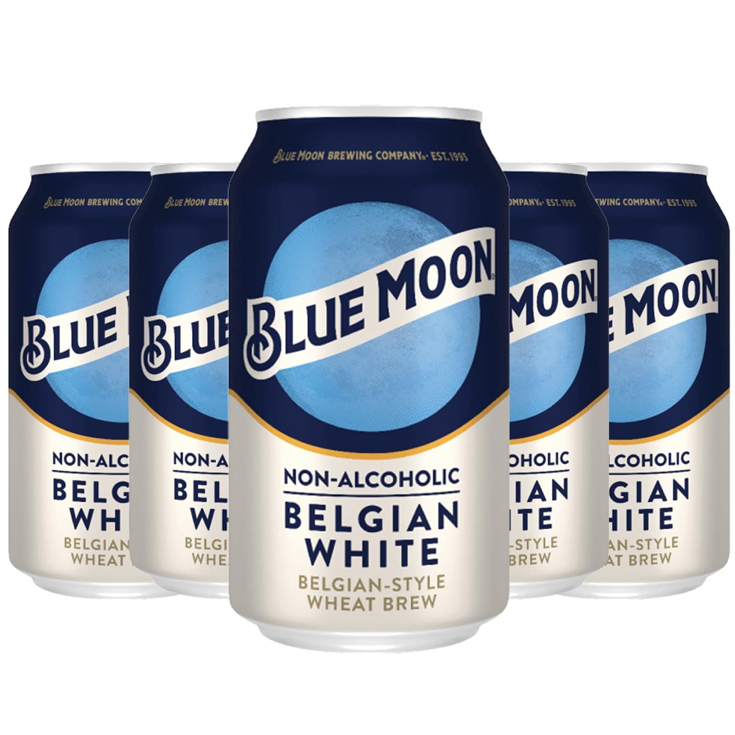 Blue Moon Non-Alcoholic 5 Pack Belgian Style Wheat Beer - Dealcoholized NA Brew in 12oz Cans - Low Calorie: 80 cals, 17g carbs - Refreshing Craft Brew Option