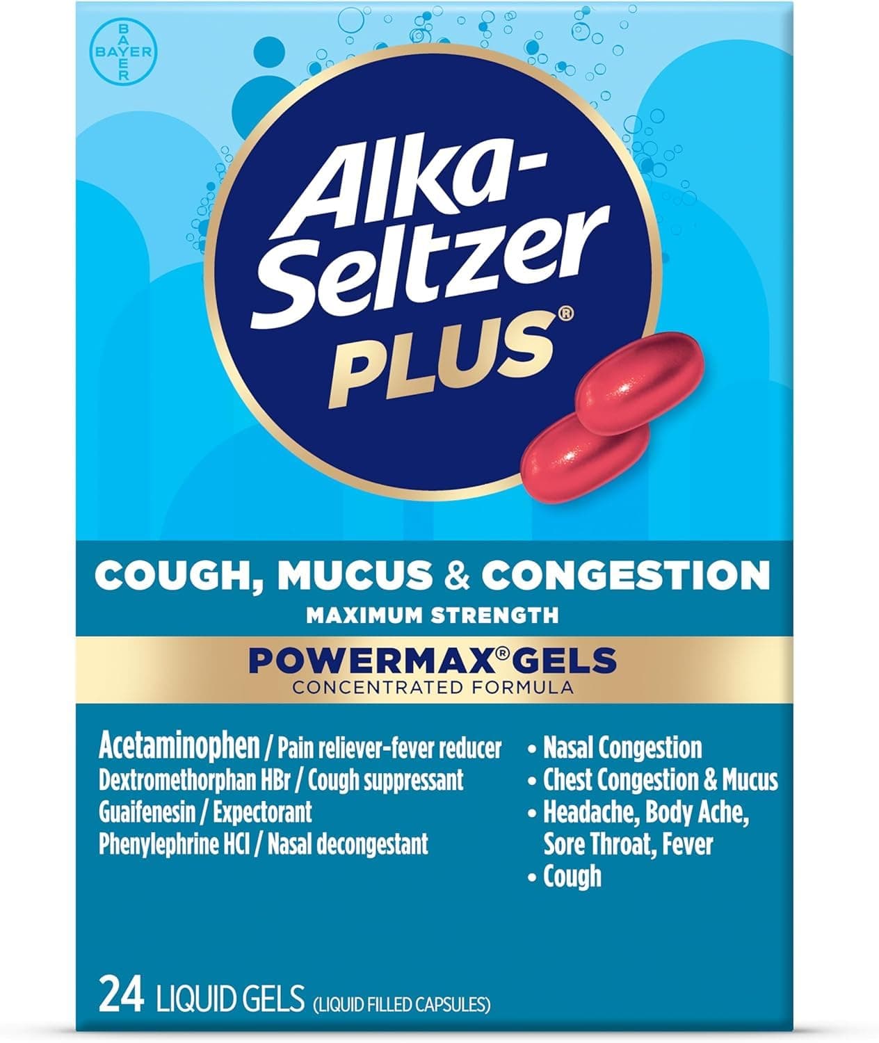 Maximum Strength Cough, Mucus & Congestion Powermax Liquid Gels, Fast and Effective Chest Congestion Relief, Cough Suppressant, For Adults and Children 12 Years and Older 24 Count
