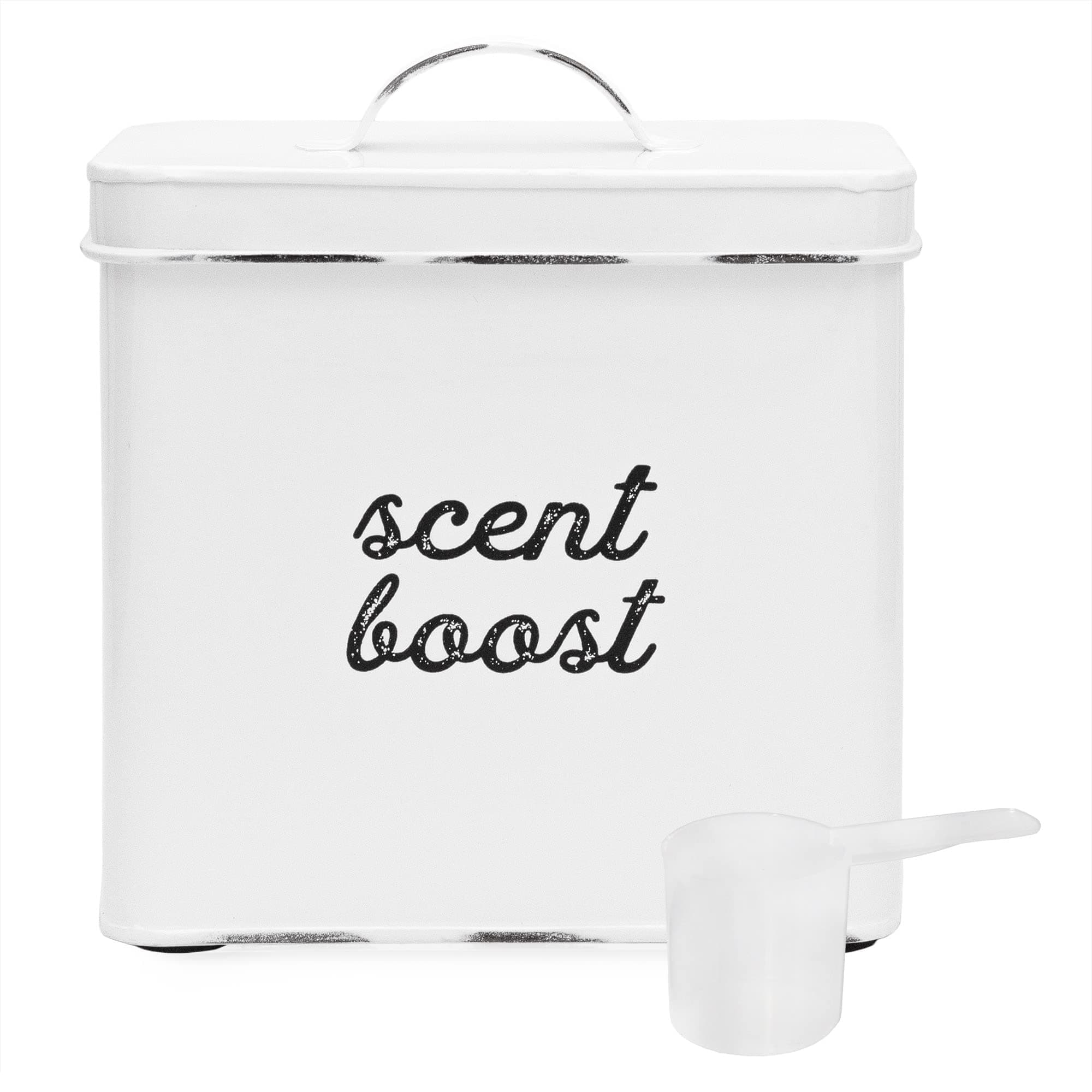 AuldHome Design Laundry Scent Booster Storage Container (White), Enamelware Canister Dispenser for Clothing Fragrance Beads