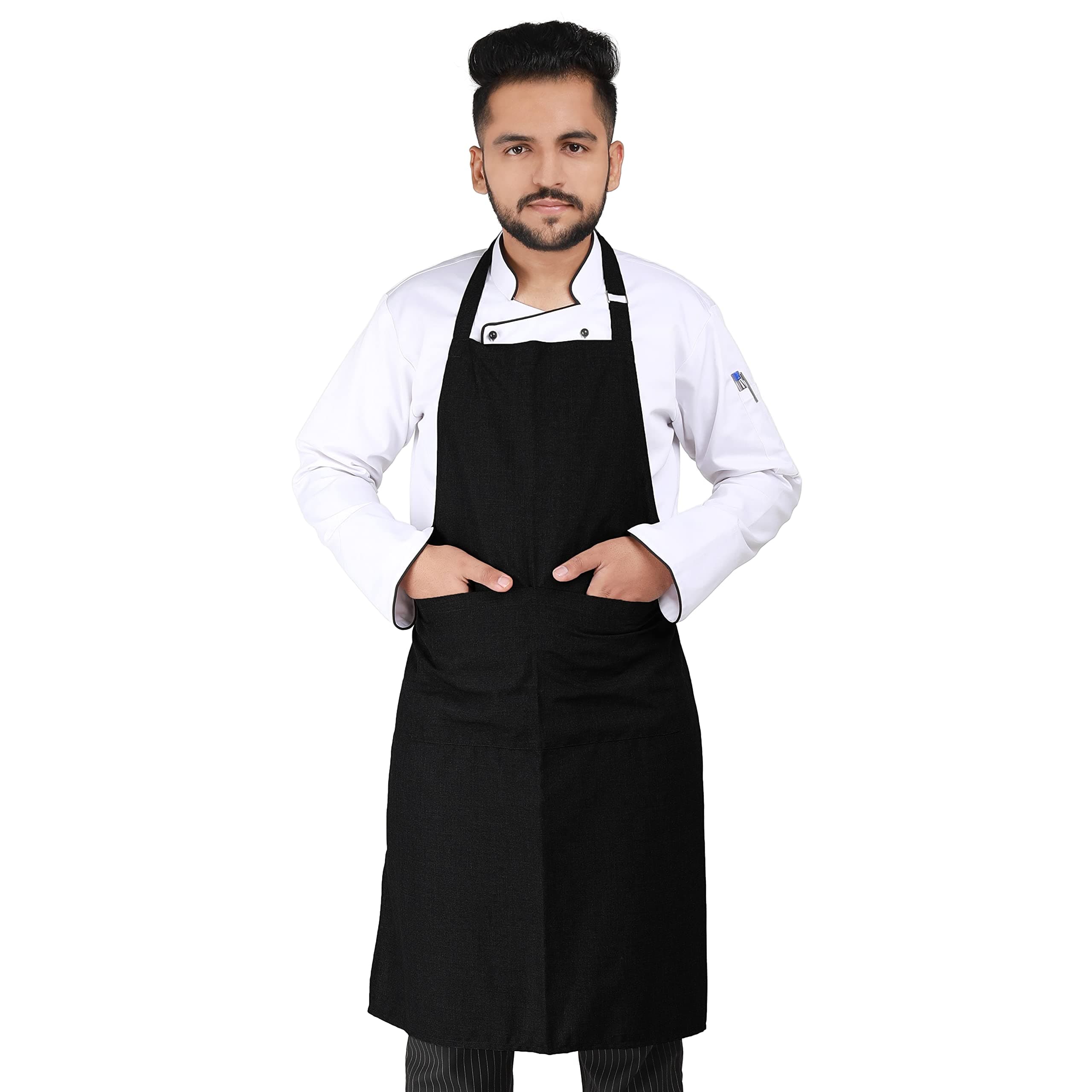 YANEK Kitchen Long Apron | Unisex | Chef Kitchen Adjustable Bib Apron with Pockets & Adjustable Buckle | For Home, Restaurant, Café, Hotel, Bakery, Salon (BLACK)